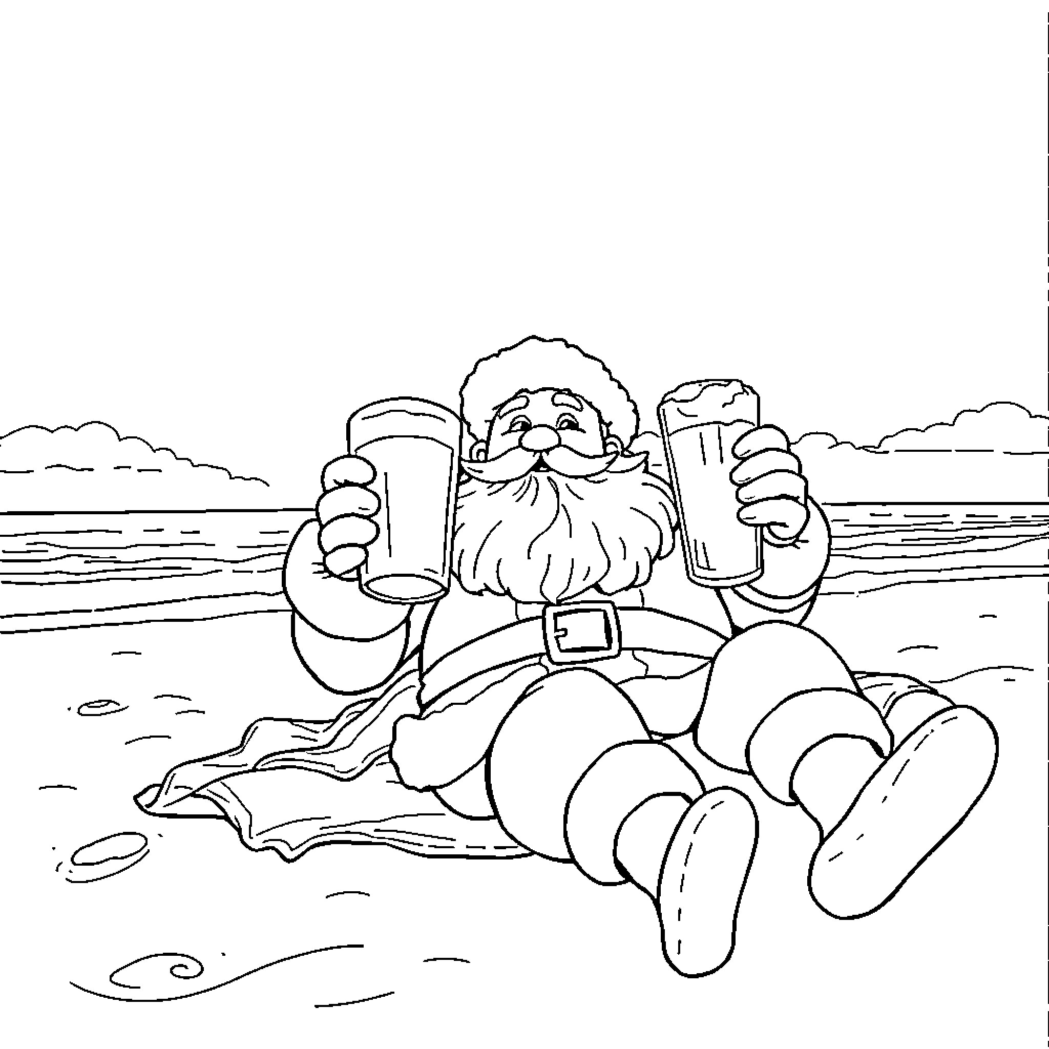 Santa Claus relaxing on the beach with a drink Coloring Page (free black-and-white line drawing printable PDF for all, from beginners to advanced learners, including children, teens, adults, and seniors)