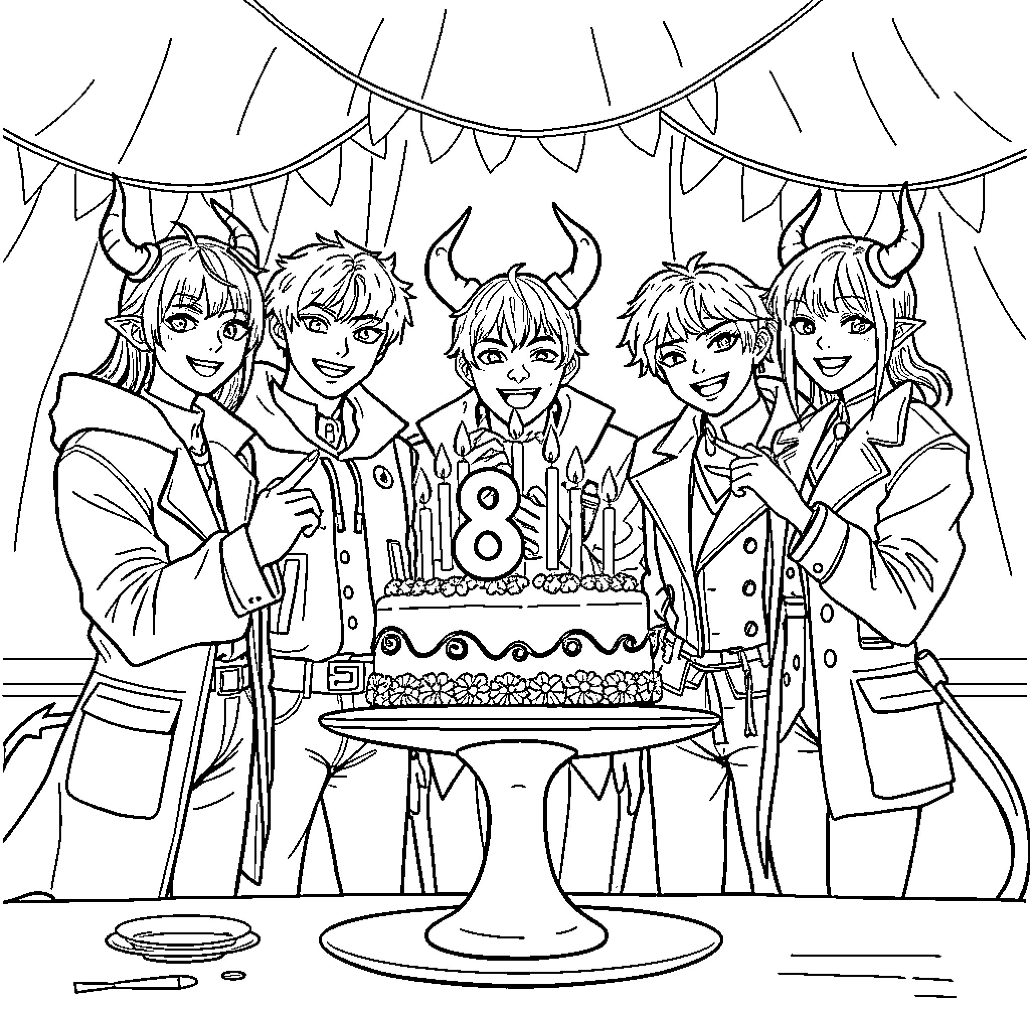 Demon Hunter Group Celebrates 18th Birthday Party Coloring Page (free black-and-white line drawing printable PDF for all, from beginners to advanced learners, including children, teens, adults, and seniors)