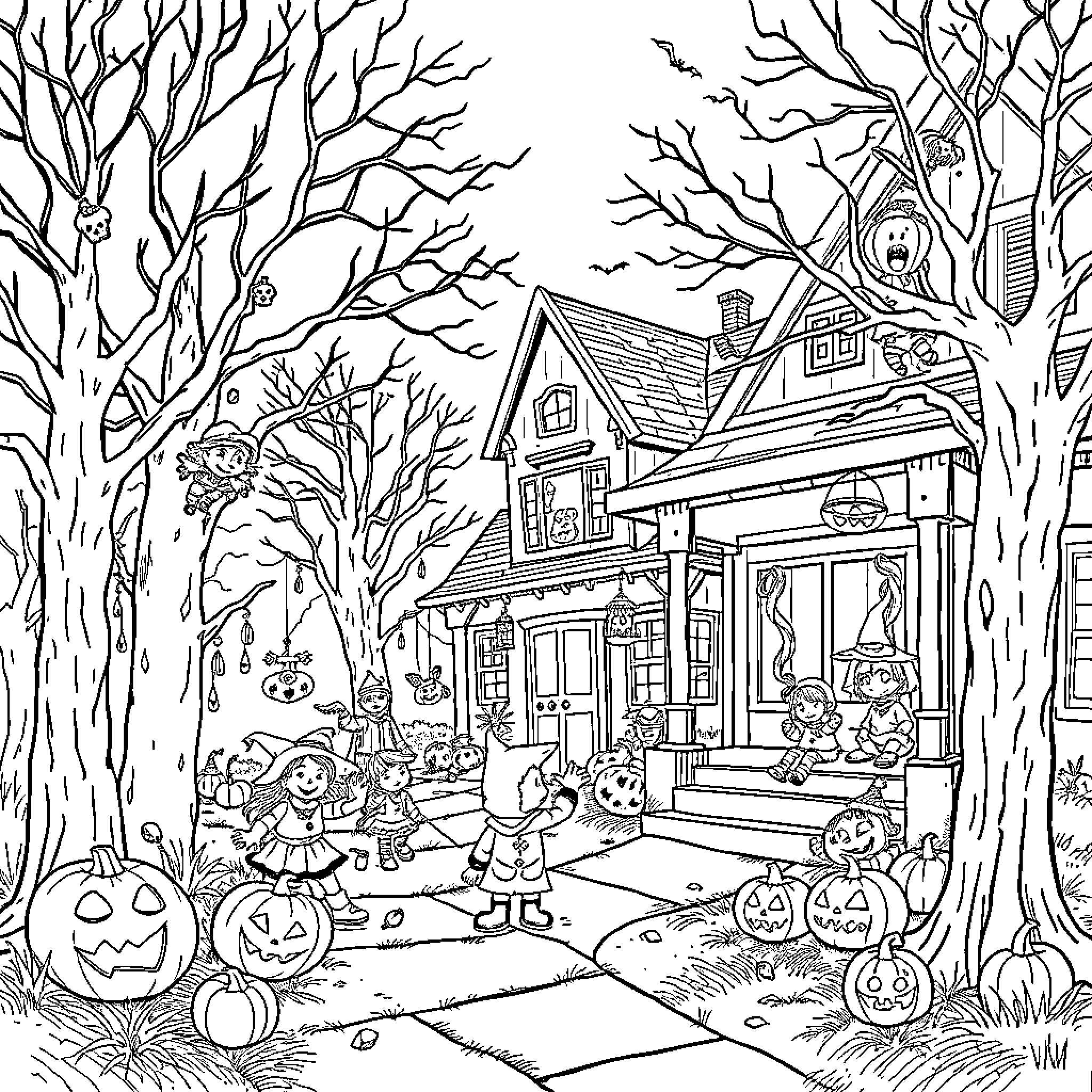 Halloween celebration in a spooky neighborhood Coloring Page (free black-and-white line drawing printable PDF for all, from beginners to advanced learners, including children, teens, adults, and seniors)