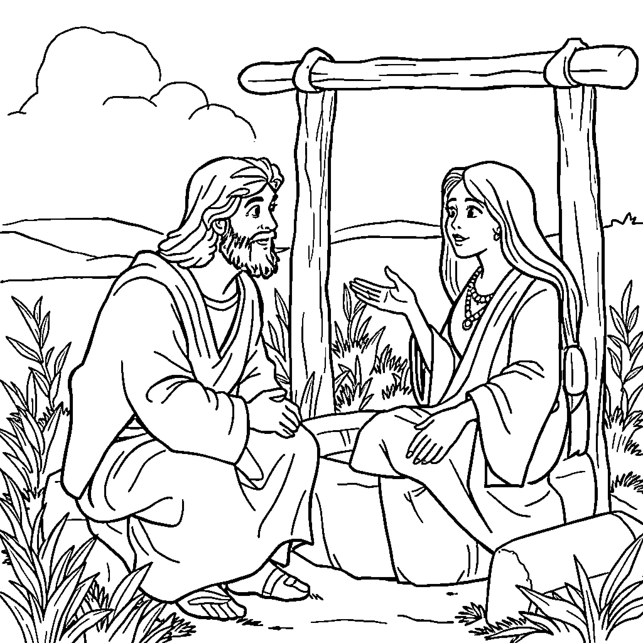 Jesus speaking with a woman in a pastoral setting Coloring Page (free black-and-white line drawing printable PDF for all, from beginners to advanced learners, including children, teens, adults, and seniors)