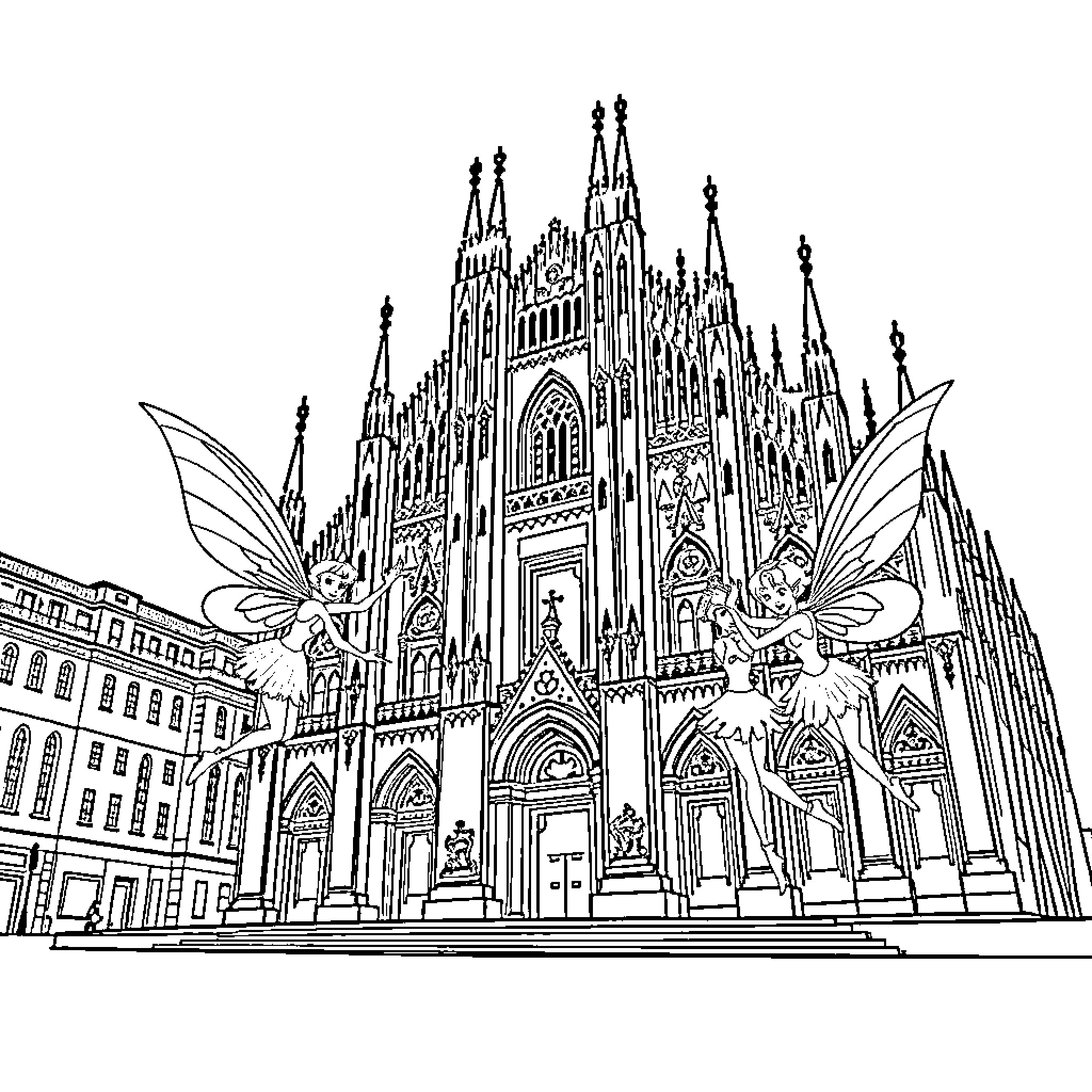 Winx Fairies Soaring Above Magnificent Cathedral Coloring Page (free black-and-white line drawing printable PDF for all, from beginners to advanced learners, including children, teens, adults, and seniors)