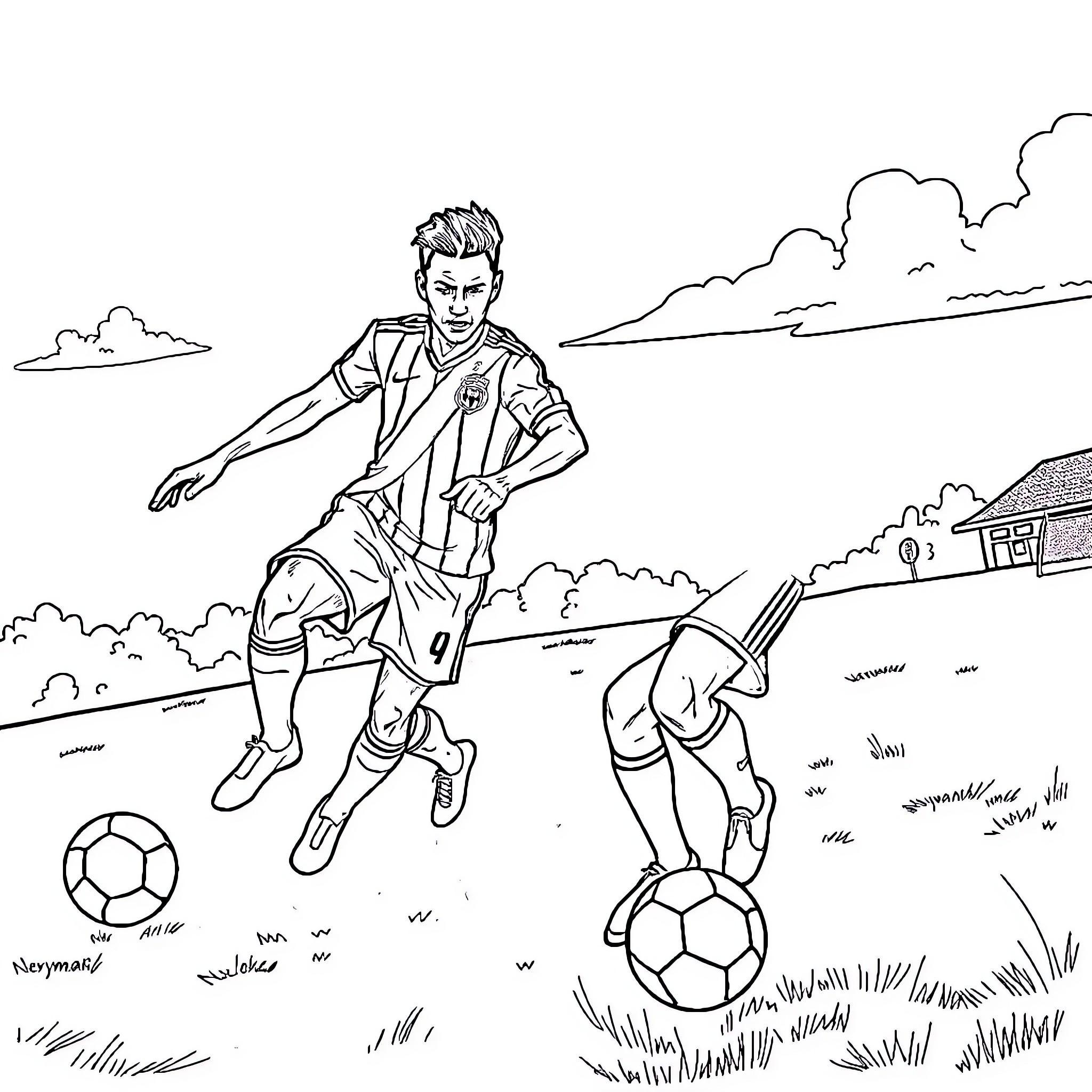 Neymar playing soccer in the countryside Coloring Page (free black-and-white line drawing printable PDF for all, from beginners to advanced learners, including children, teens, adults, and seniors)