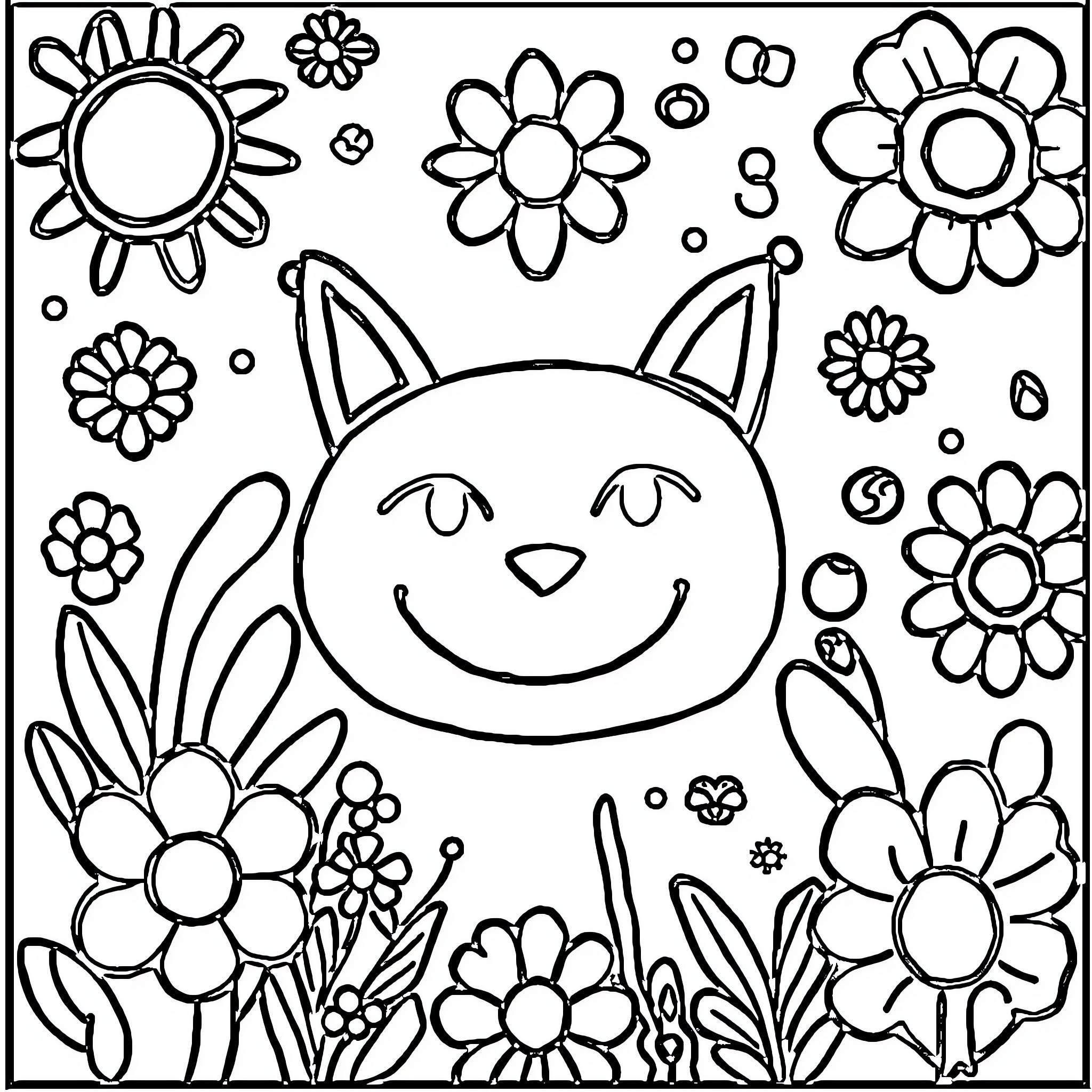 Kids exploring whimsical floral world with playful cat Coloring Page (free black-and-white line drawing printable PDF for all, from beginners to advanced learners, including children, teens, adults, and seniors)