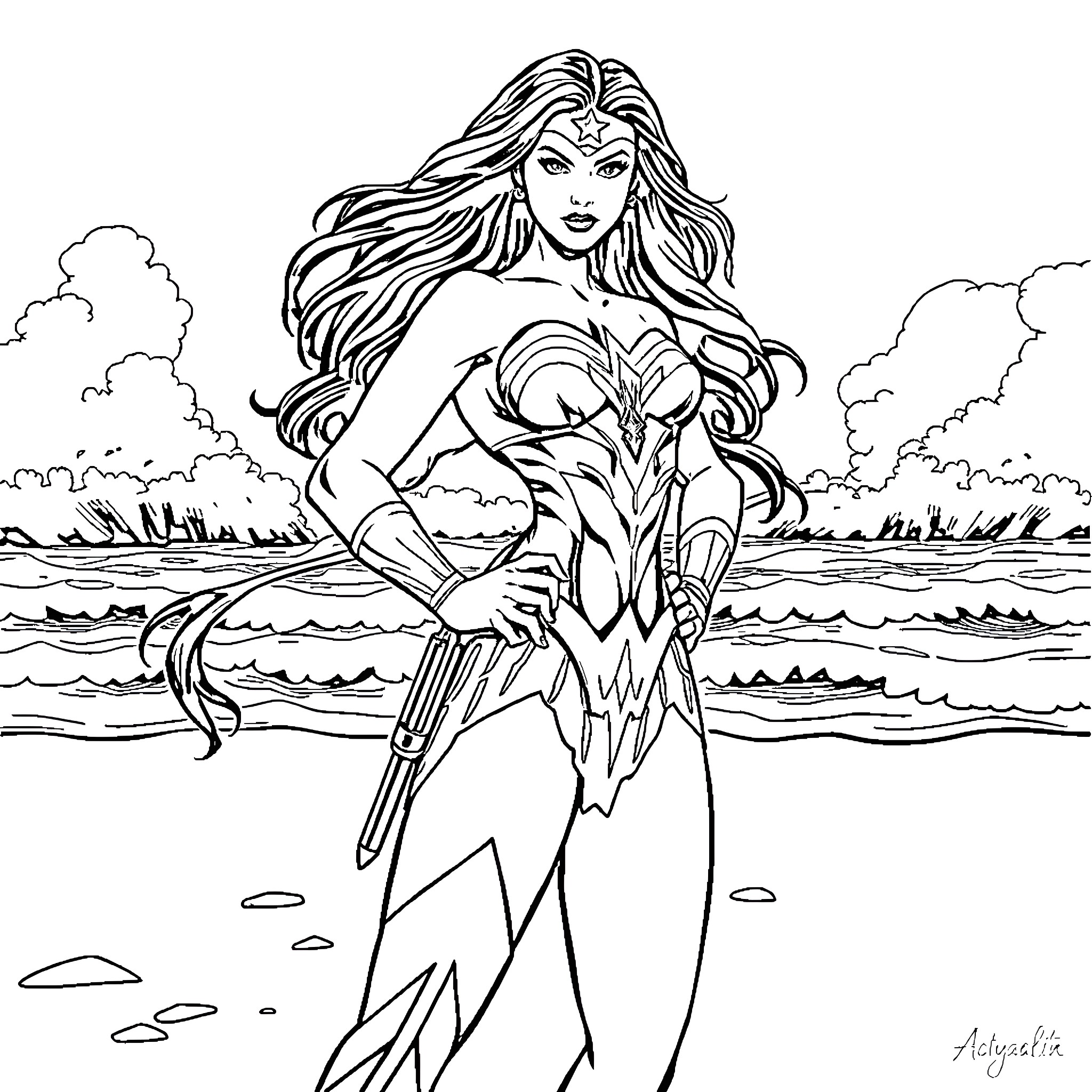 Wonder Woman in heroic stance on the beach Coloring Page (free black-and-white line drawing printable PDF for all, from beginners to advanced learners, including children, teens, adults, and seniors)