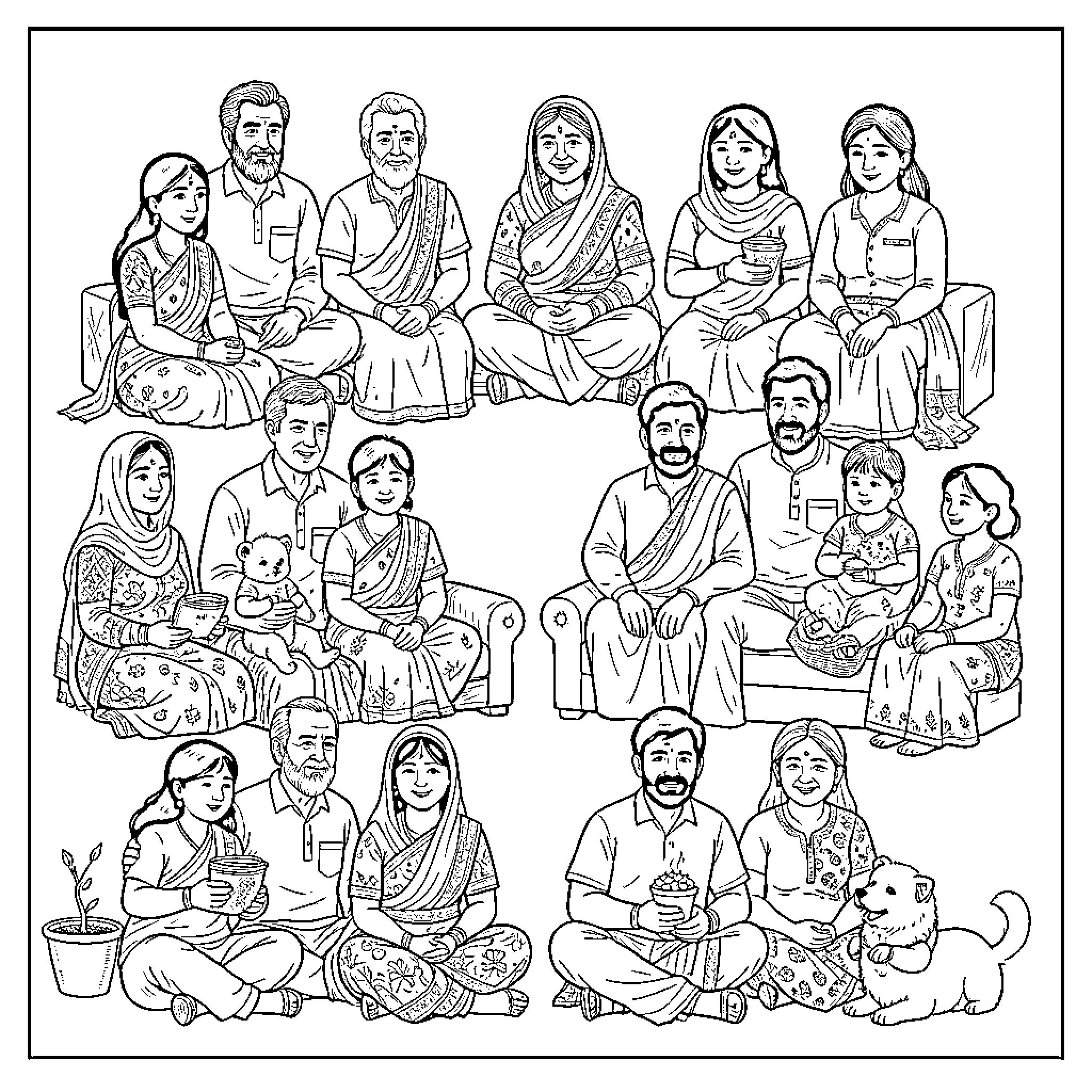 Family gathering with diverse members in traditional attire Coloring Page (free black-and-white line drawing printable PDF for all, from beginners to advanced learners, including children, teens, adults, and seniors)