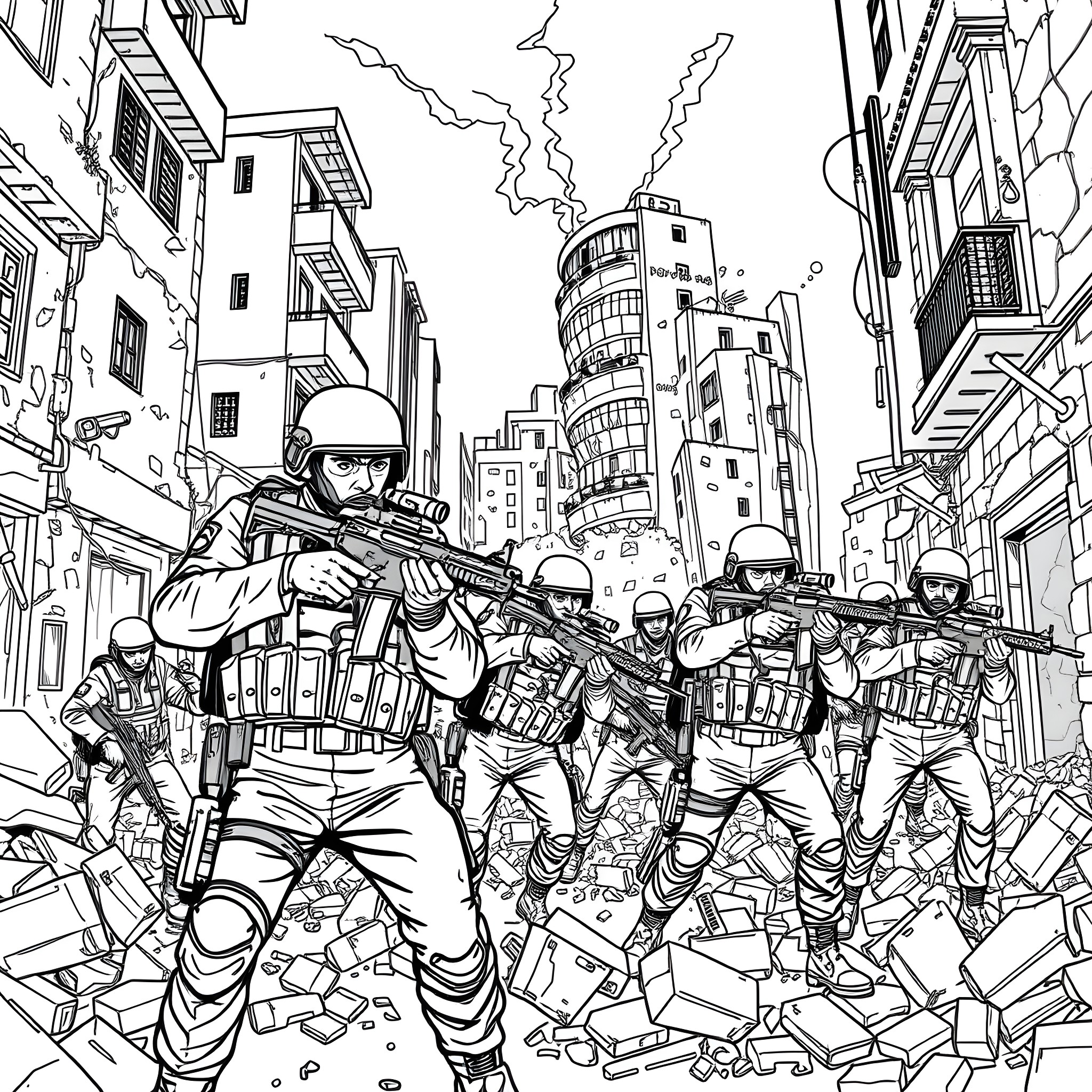 Israeli Forces Engaged in Urban Combat Operation Coloring Page (free black-and-white line drawing printable PDF for all, from beginners to advanced learners, including children, teens, adults, and seniors)