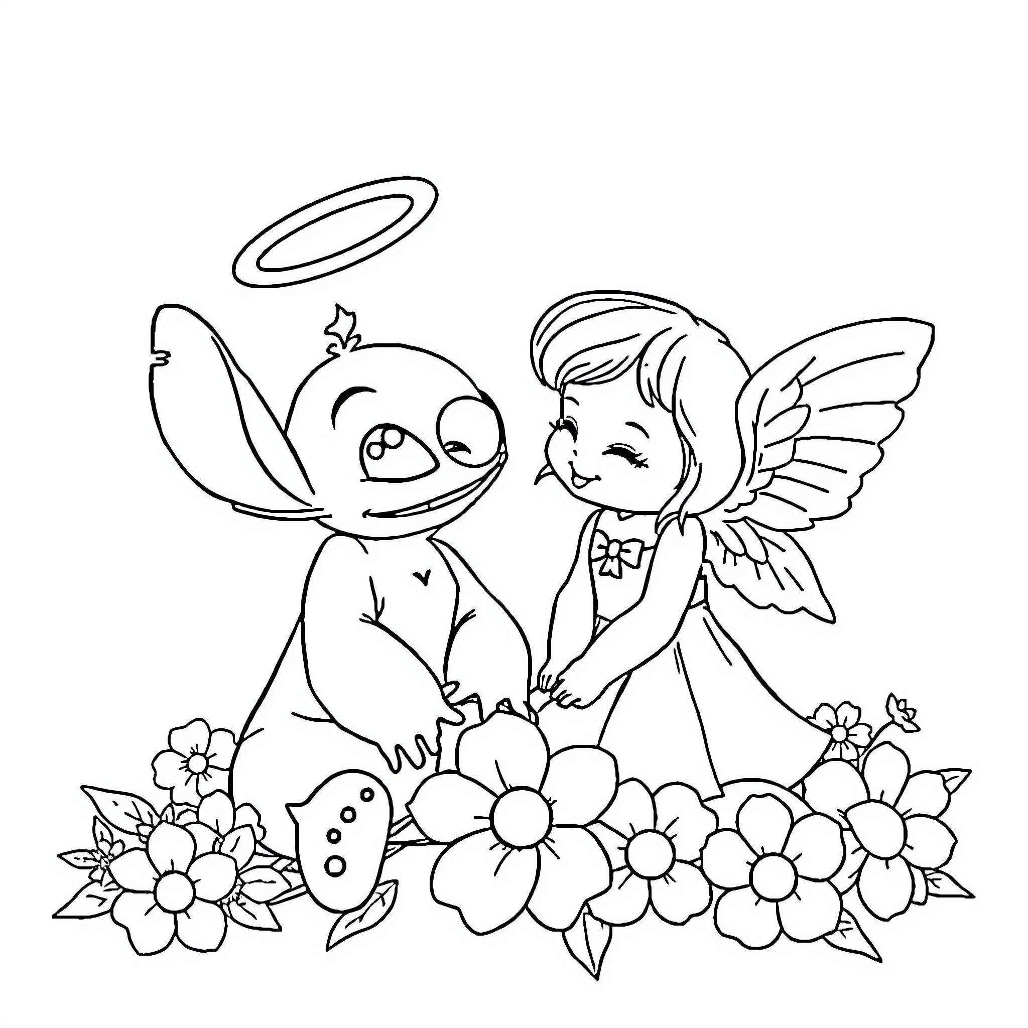 Stitch and angel interacting with flowers Coloring Page (free black-and-white line drawing printable PDF for all, from beginners to advanced learners, including children, teens, adults, and seniors)