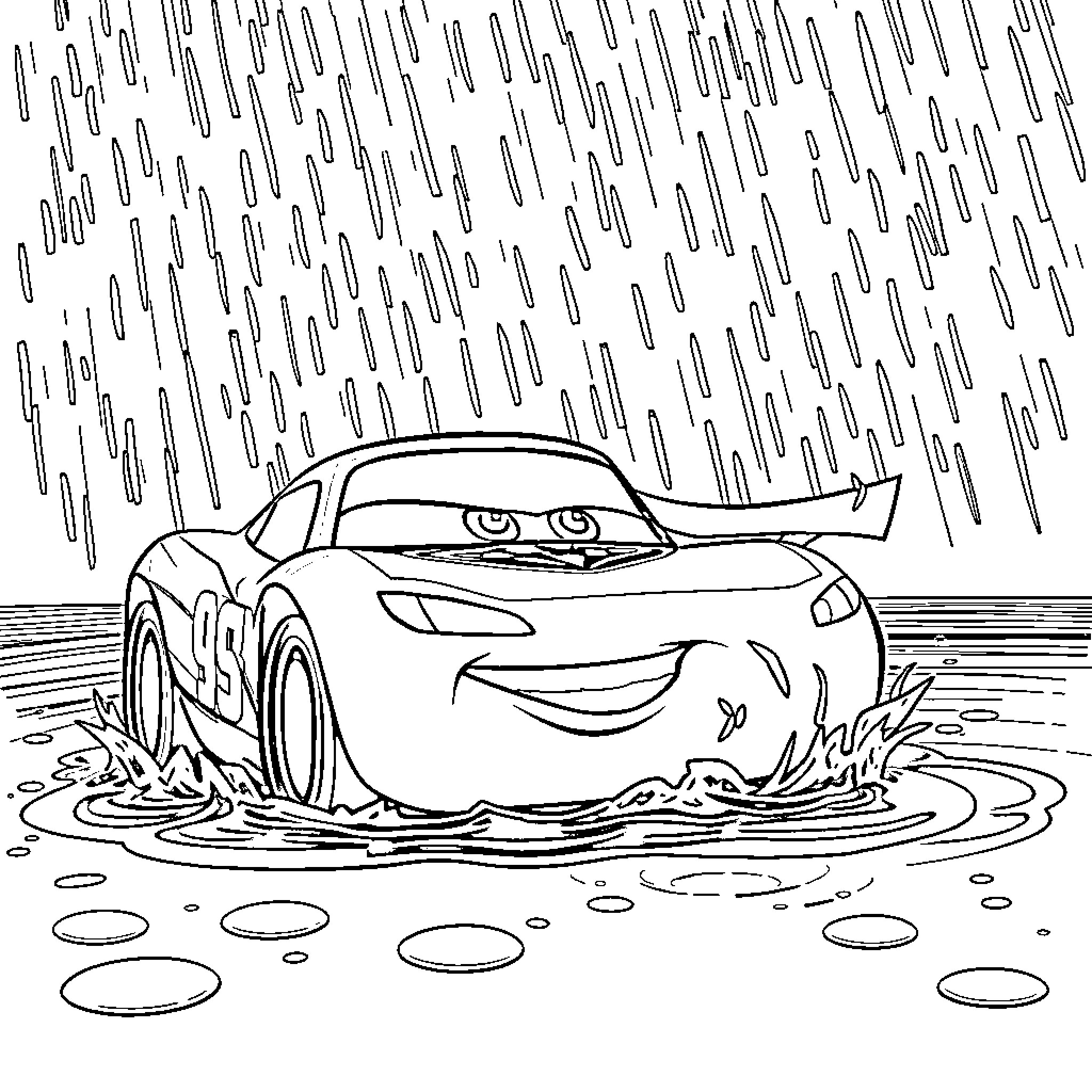 Rayo McQueen enjoys rainy day adventure Coloring Page (free black-and-white line drawing printable PDF for all, from beginners to advanced learners, including children, teens, adults, and seniors)