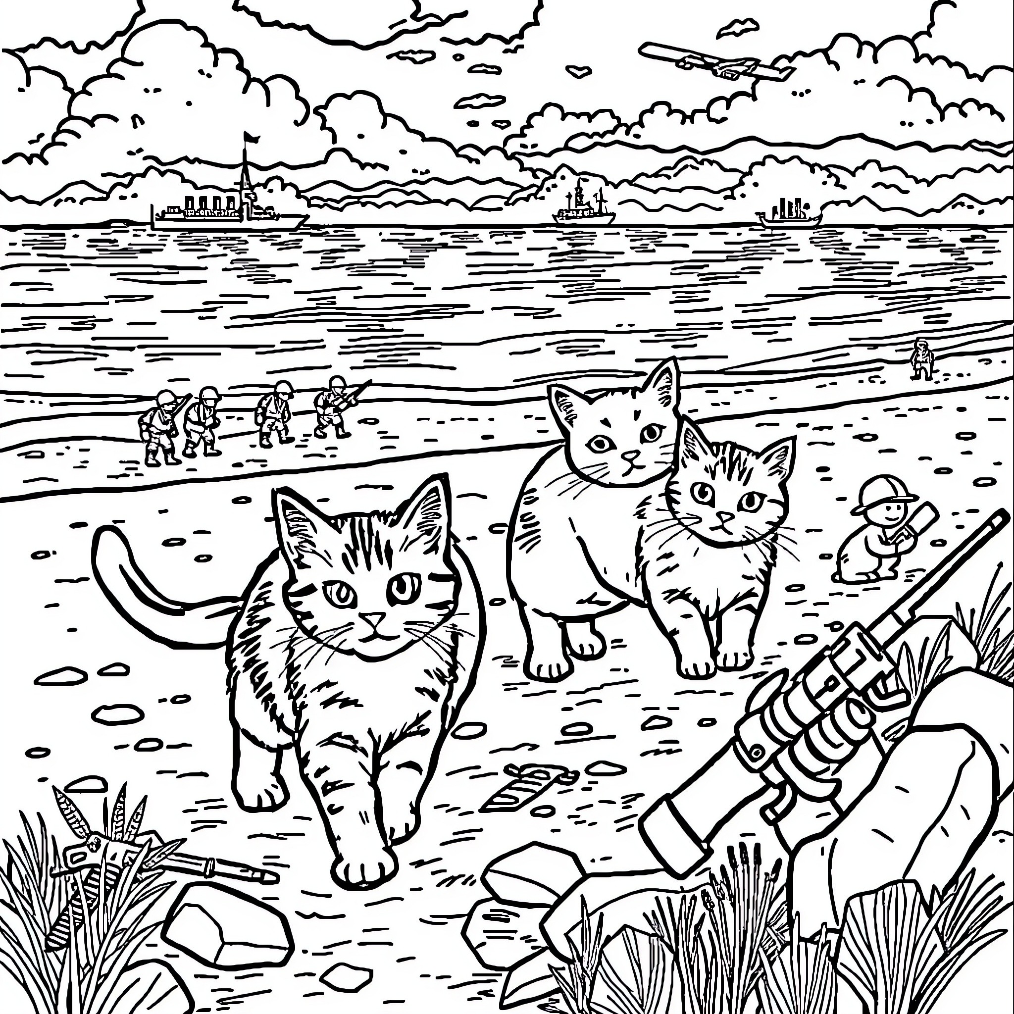 Cat Adventure on the Beach Coloring Page (free black-and-white line drawing printable PDF for all, from beginners to advanced learners, including children, teens, adults, and seniors)