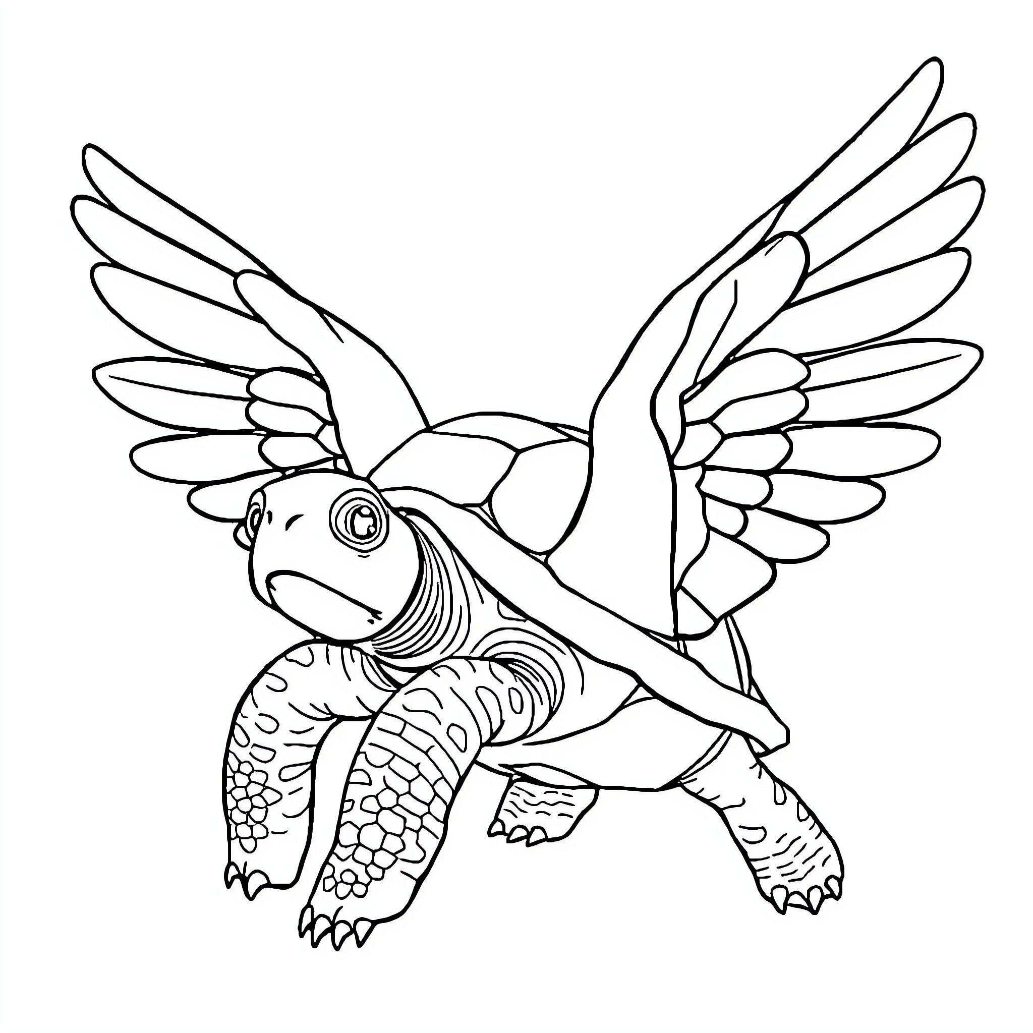 Turtle with wings soaring through the air Coloring Page (free black-and-white line drawing printable PDF for all, from beginners to advanced learners, including children, teens, adults, and seniors)