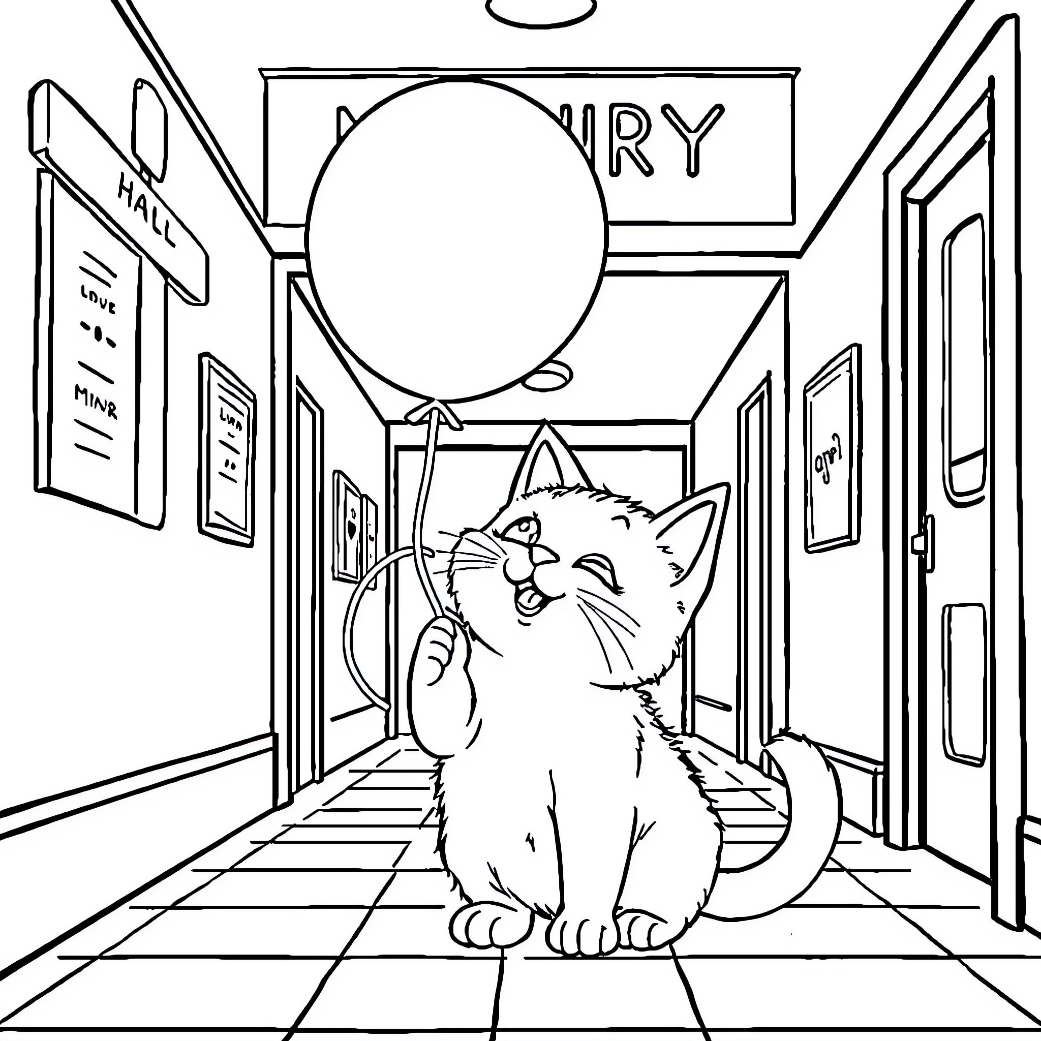 Cat exploring a mysterious hallway Coloring Page (free black-and-white line drawing printable PDF for all, from beginners to advanced learners, including children, teens, adults, and seniors)