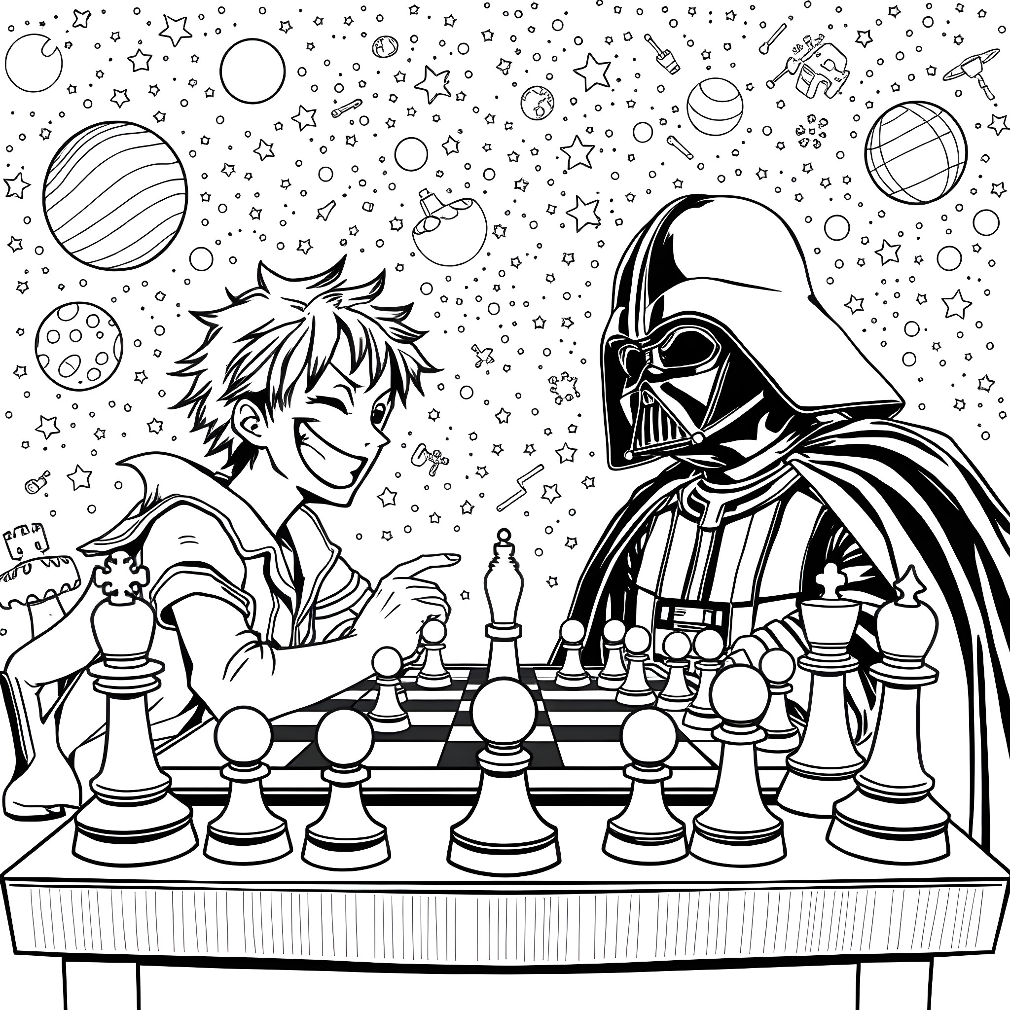 Luffy's Cosmic Chess Match with Darth Vader Coloring Page (free black-and-white line drawing printable PDF for all, from beginners to advanced learners, including children, teens, adults, and seniors)