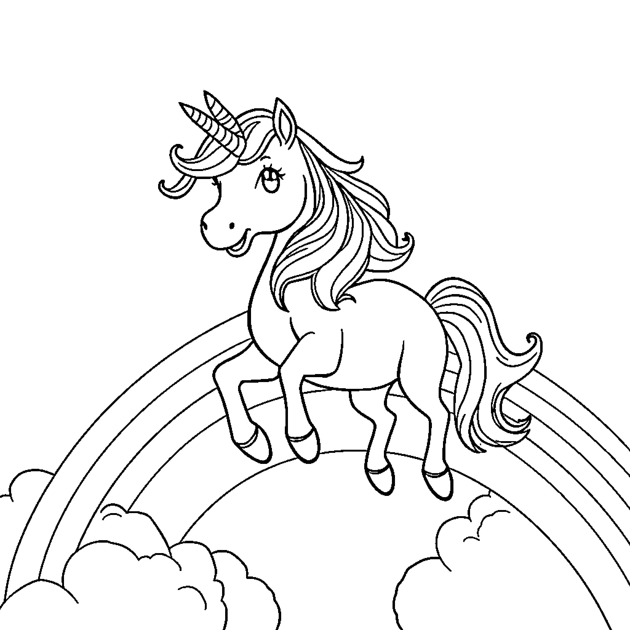 Unicorn prancing amidst clouds and rainbow Coloring Page (free black-and-white line drawing printable PDF for all, from beginners to advanced learners, including children, teens, adults, and seniors)