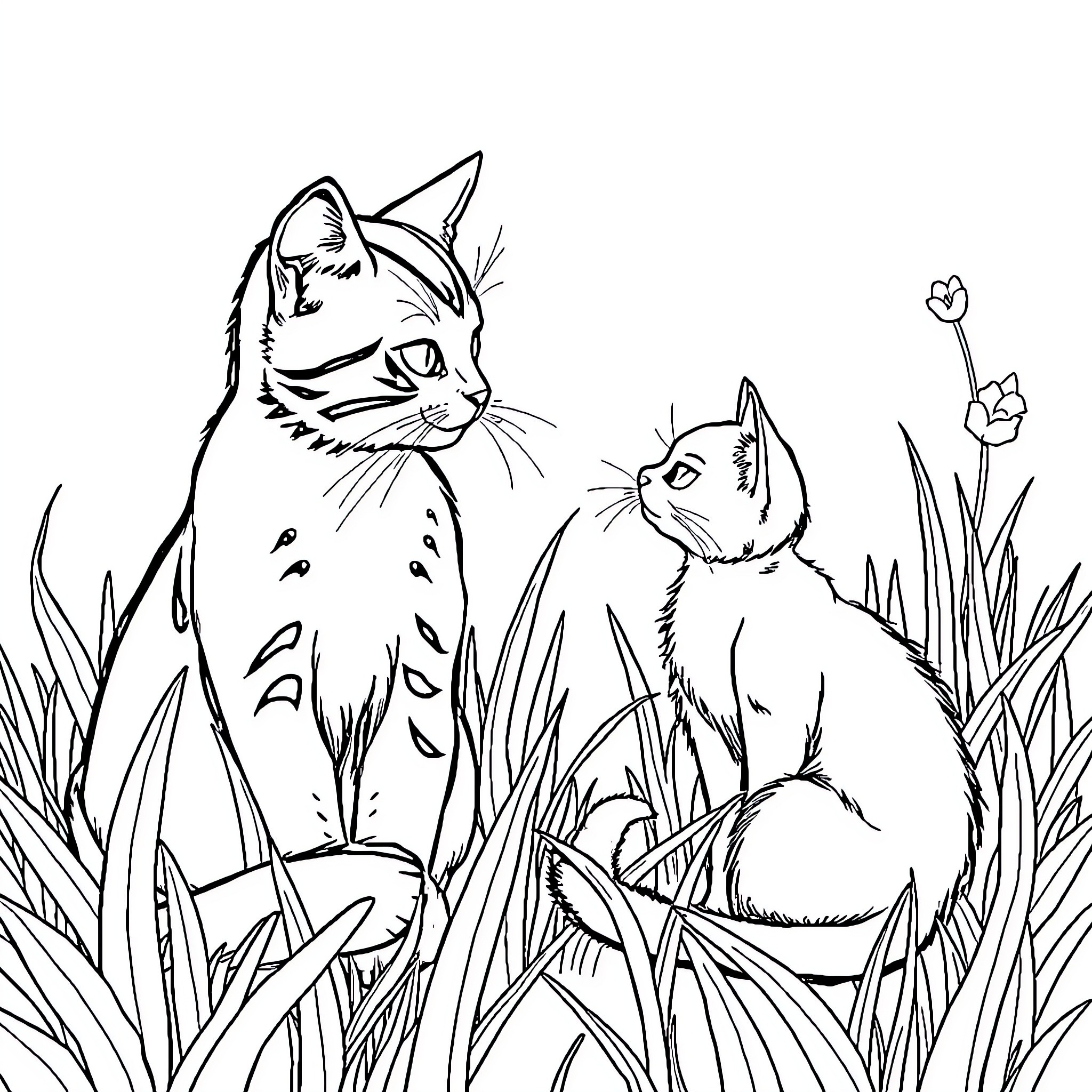 Gato Felines Enjoying Nature's Tranquility Coloring Page (free black-and-white line drawing printable PDF for all, from beginners to advanced learners, including children, teens, adults, and seniors)
