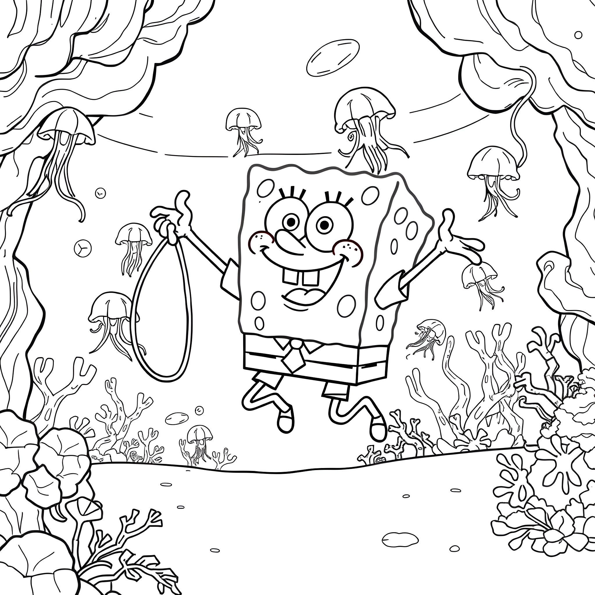 Spongebob exploring the underwater world with jellyfish Coloring Page (free black-and-white line drawing printable PDF for all, from beginners to advanced learners, including children, teens, adults, and seniors)