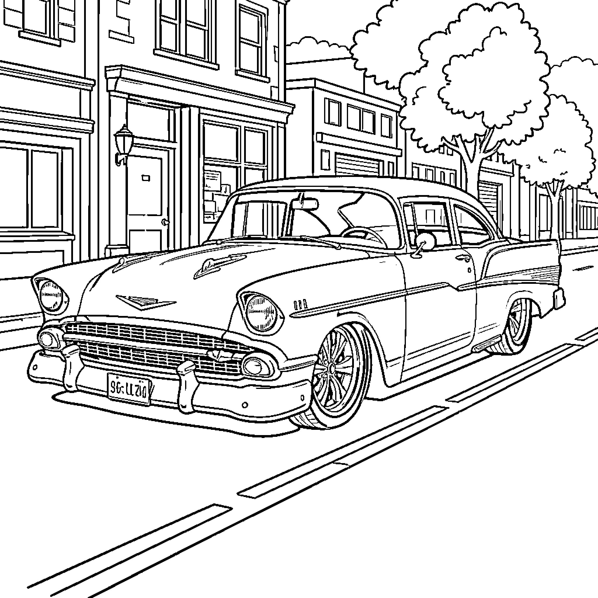 Lowrider Cruising Down the Urban Street Coloring Page (free black-and-white line drawing printable PDF for all, from beginners to advanced learners, including children, teens, adults, and seniors)