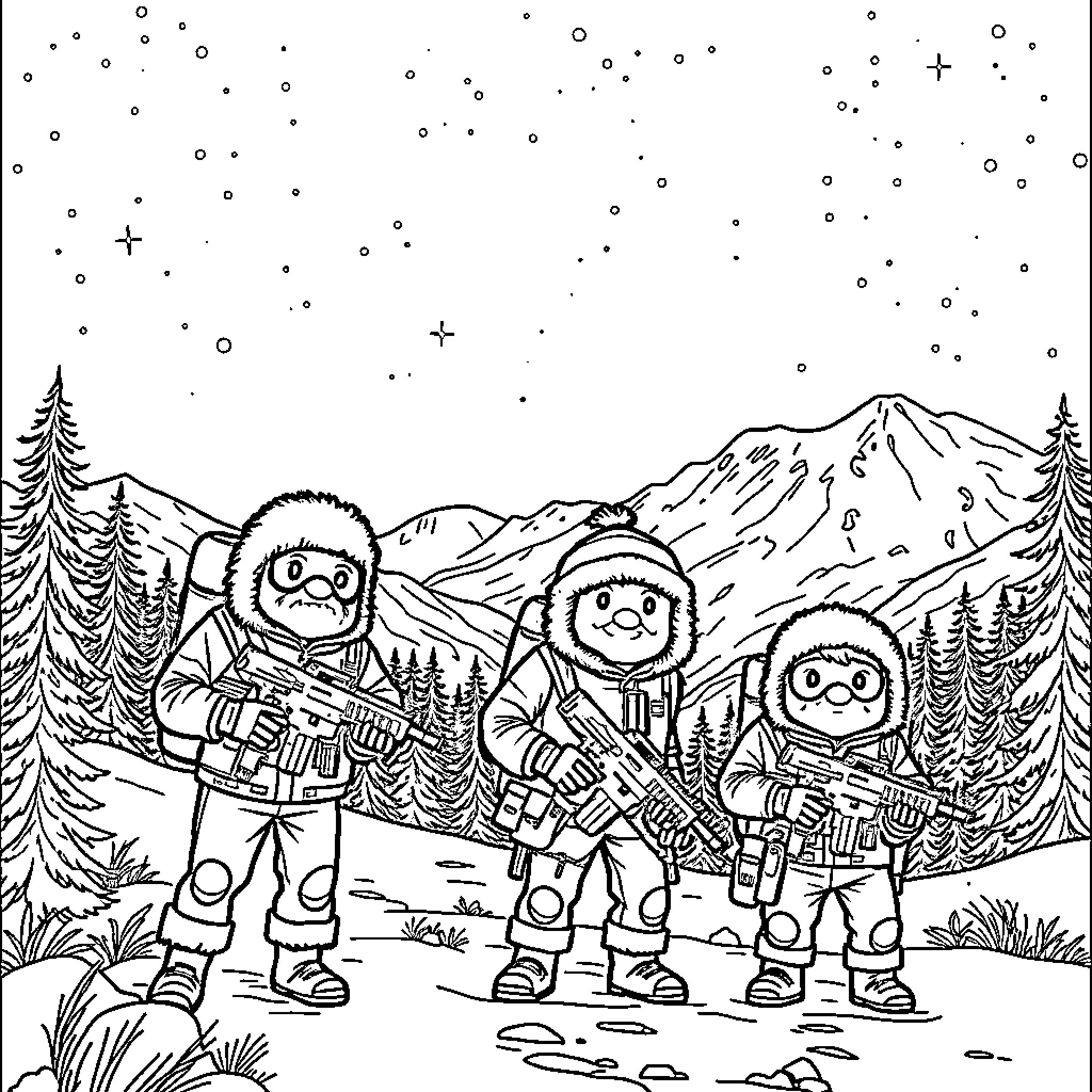 Odd Squad Winter Adventure in the Mountains Coloring Page (free black-and-white line drawing printable PDF for all, from beginners to advanced learners, including children, teens, adults, and seniors)