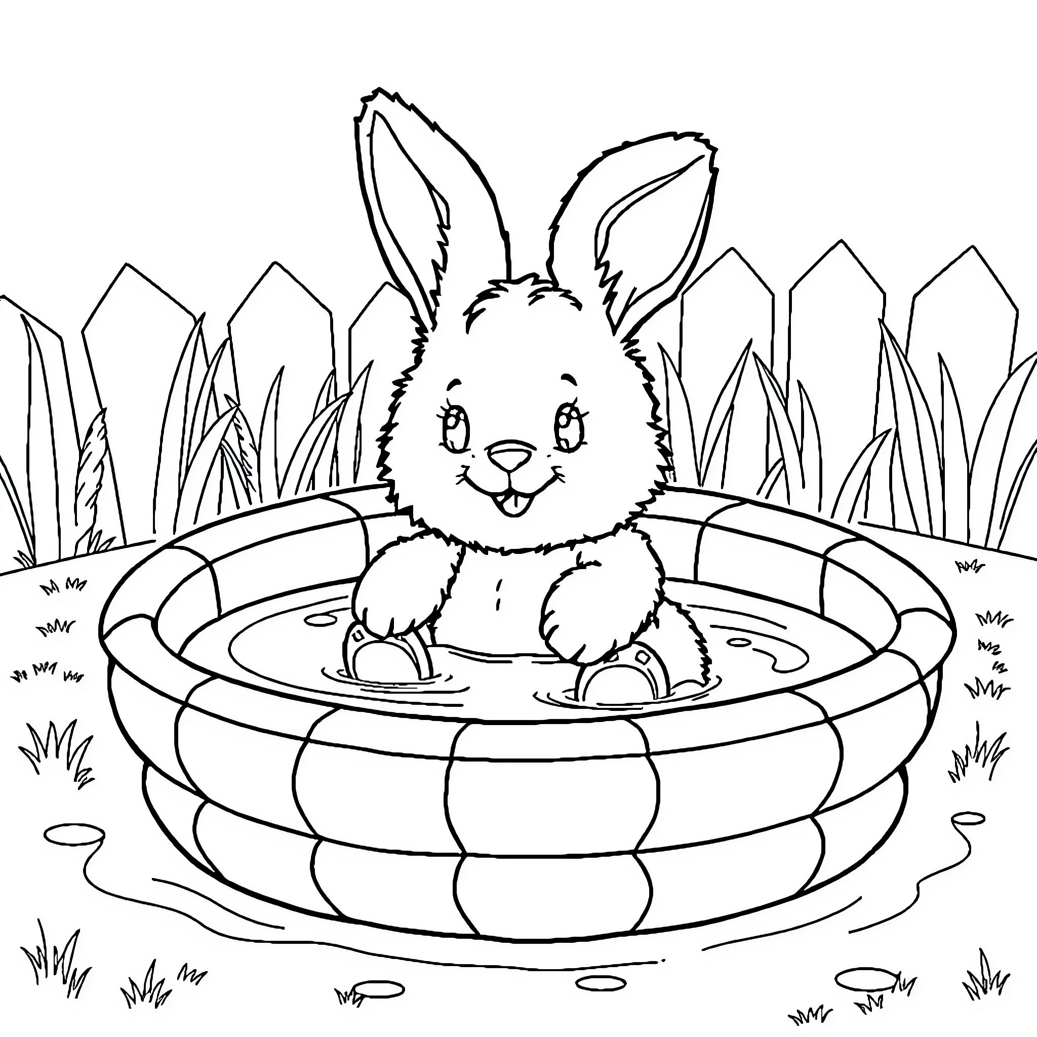 Bunny enjoying a relaxing bath in the backyard Coloring Page (free black-and-white line drawing printable PDF for all, from beginners to advanced learners, including children, teens, adults, and seniors)
