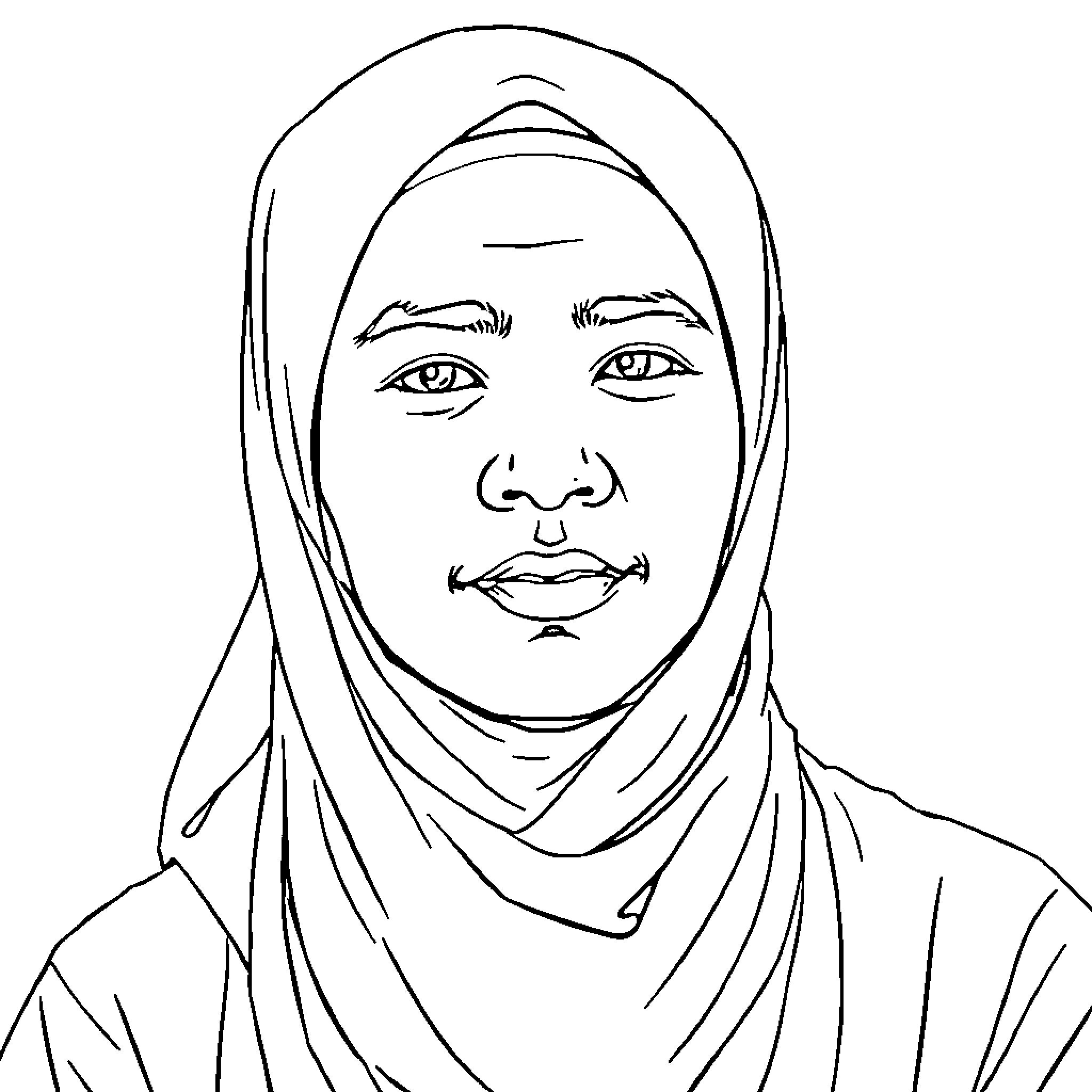 Khaizuran's serene expression and headscarf Coloring Page (free black-and-white line drawing printable PDF for all, from beginners to advanced learners, including children, teens, adults, and seniors)