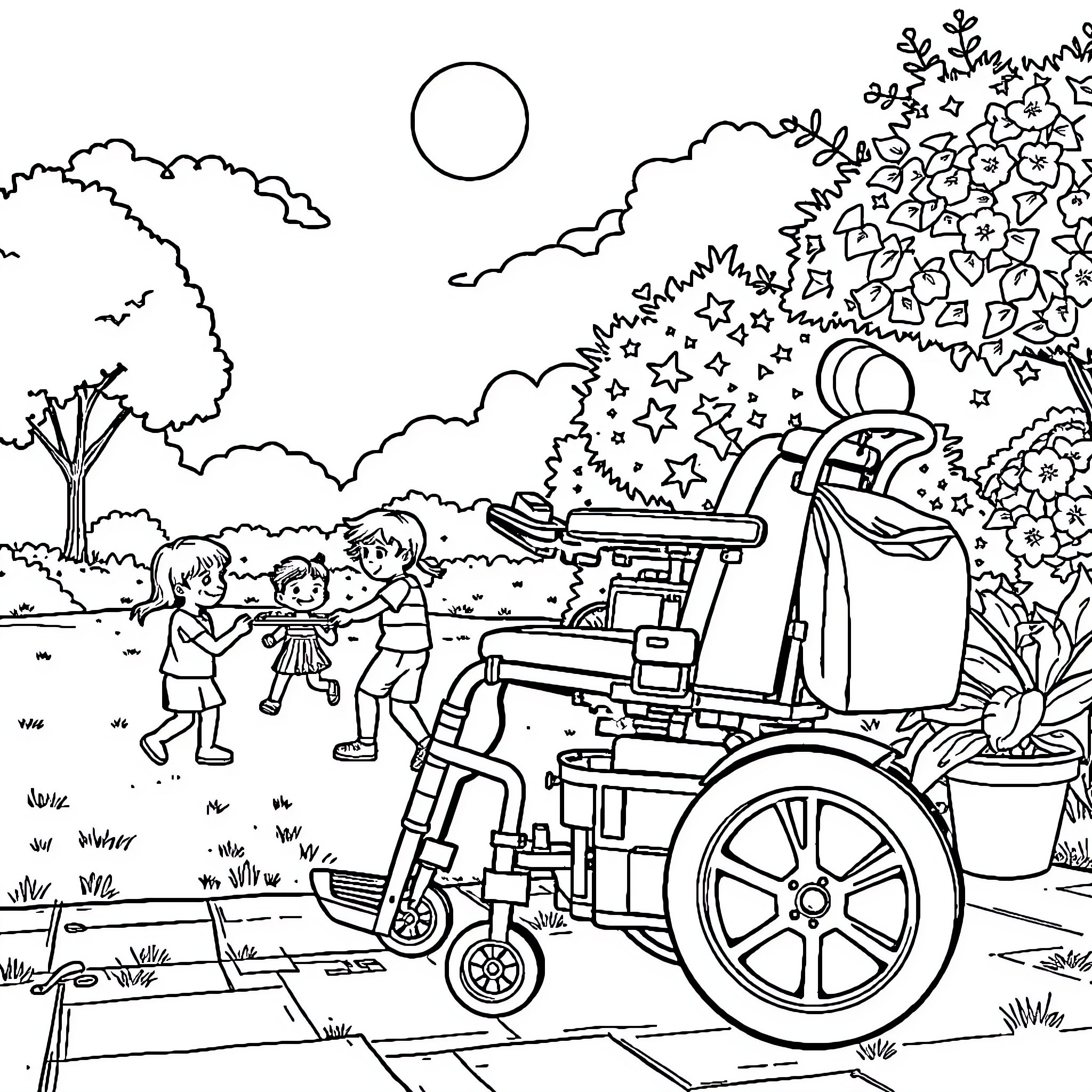Power Chair Ride in Whimsical Nature Scene Coloring Page (free black-and-white line drawing printable PDF for all, from beginners to advanced learners, including children, teens, adults, and seniors)