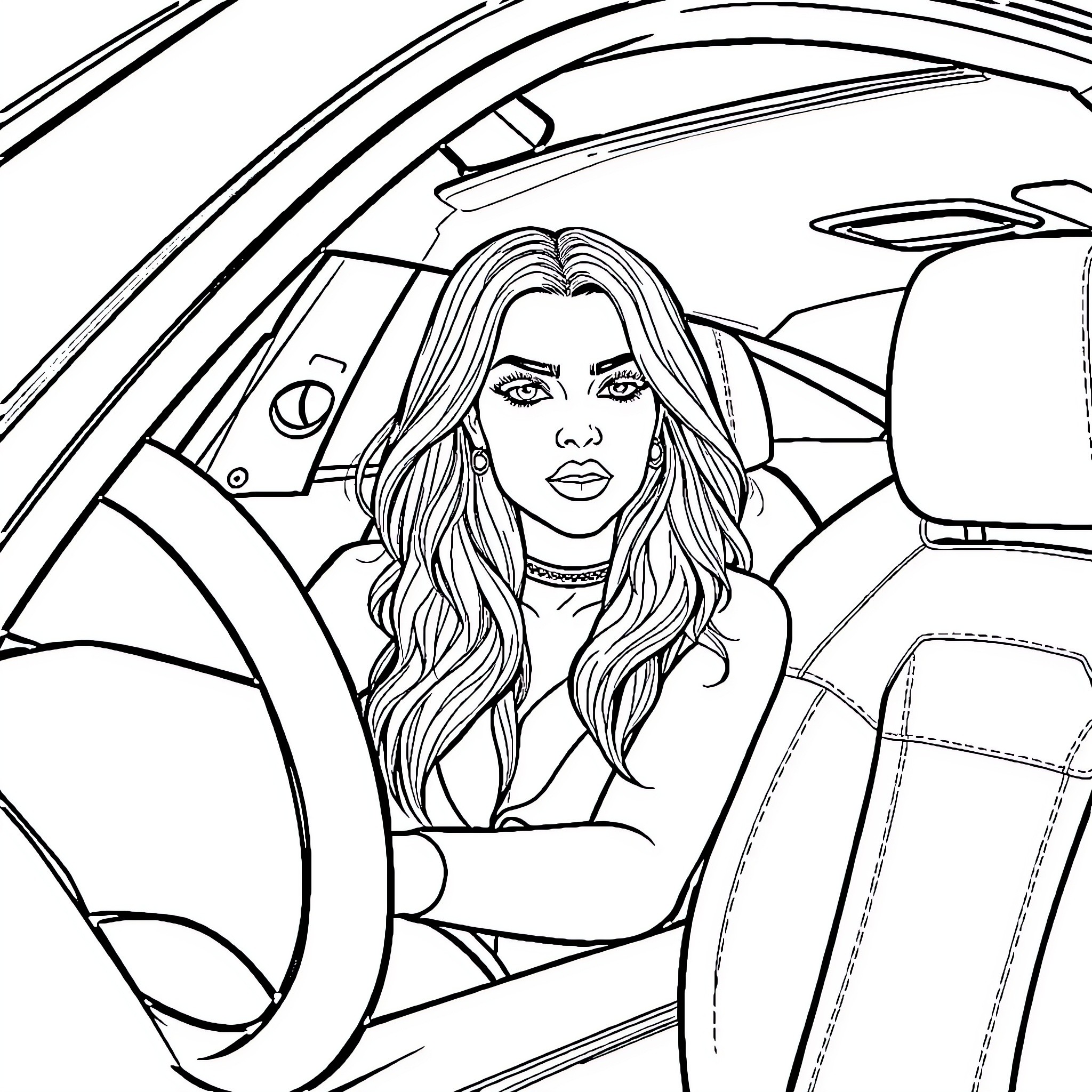 Kim Kardashian riding in a luxury vehicle Coloring Page (free black-and-white line drawing printable PDF for all, from beginners to advanced learners, including children, teens, adults, and seniors)