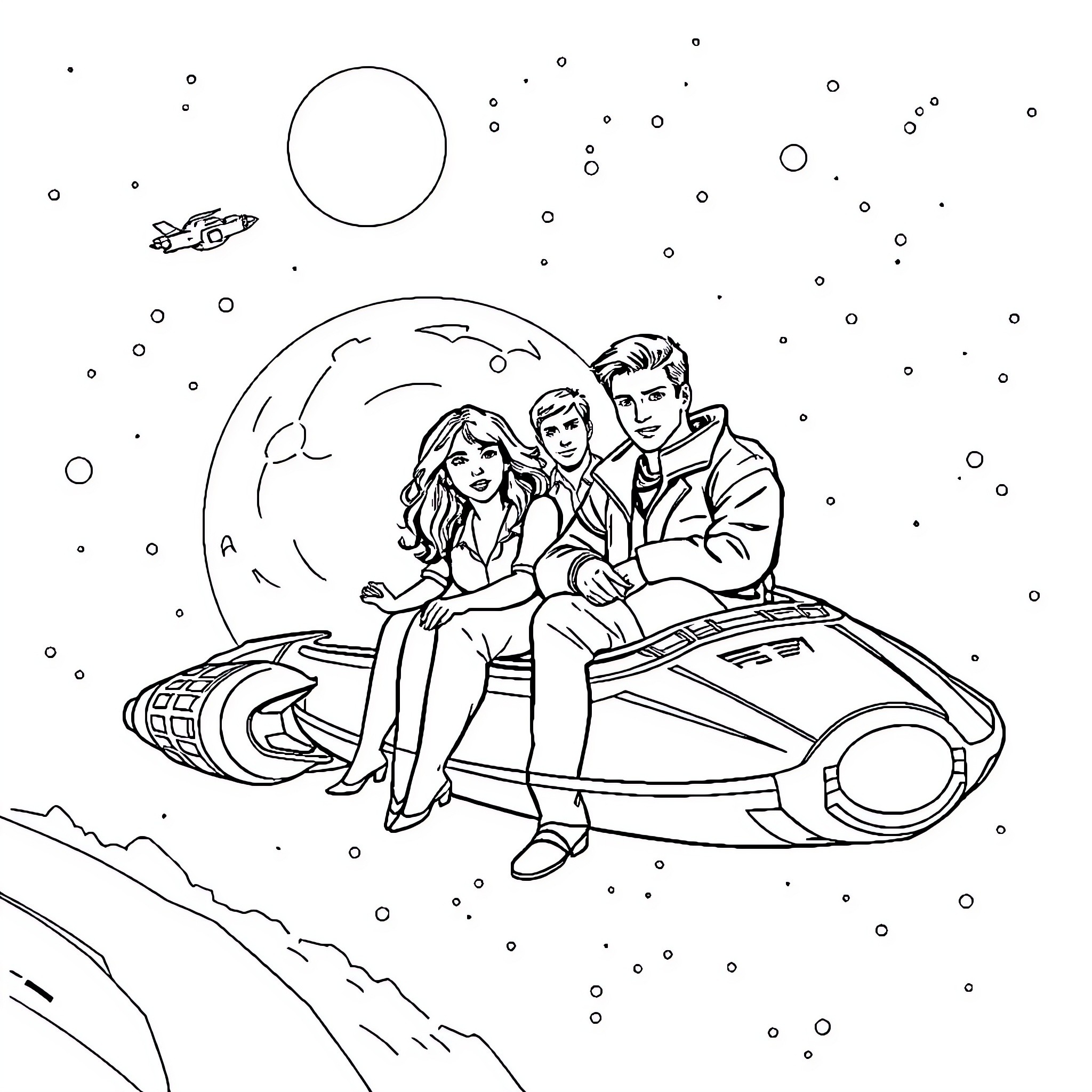 Firefly Couple Exploring the Cosmic Expanse Coloring Page (free black-and-white line drawing printable PDF for all, from beginners to advanced learners, including children, teens, adults, and seniors)