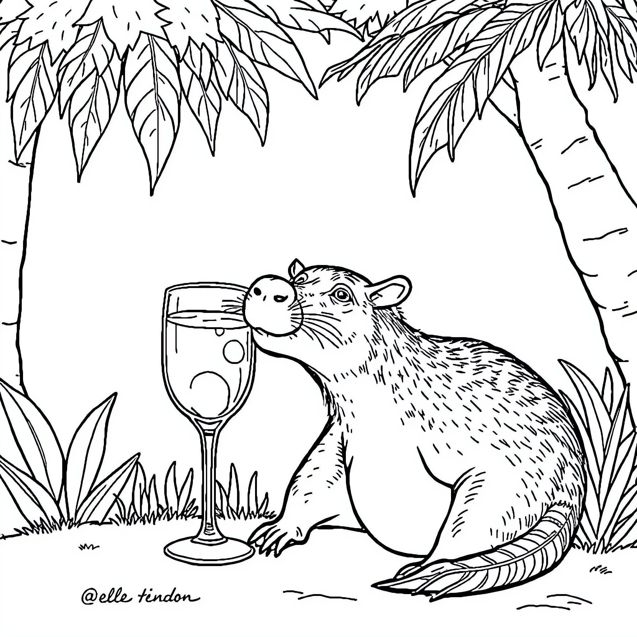 Capybara enjoying a glass of wine in the garden Coloring Page (free black-and-white line drawing printable PDF for all, from beginners to advanced learners, including children, teens, adults, and seniors)