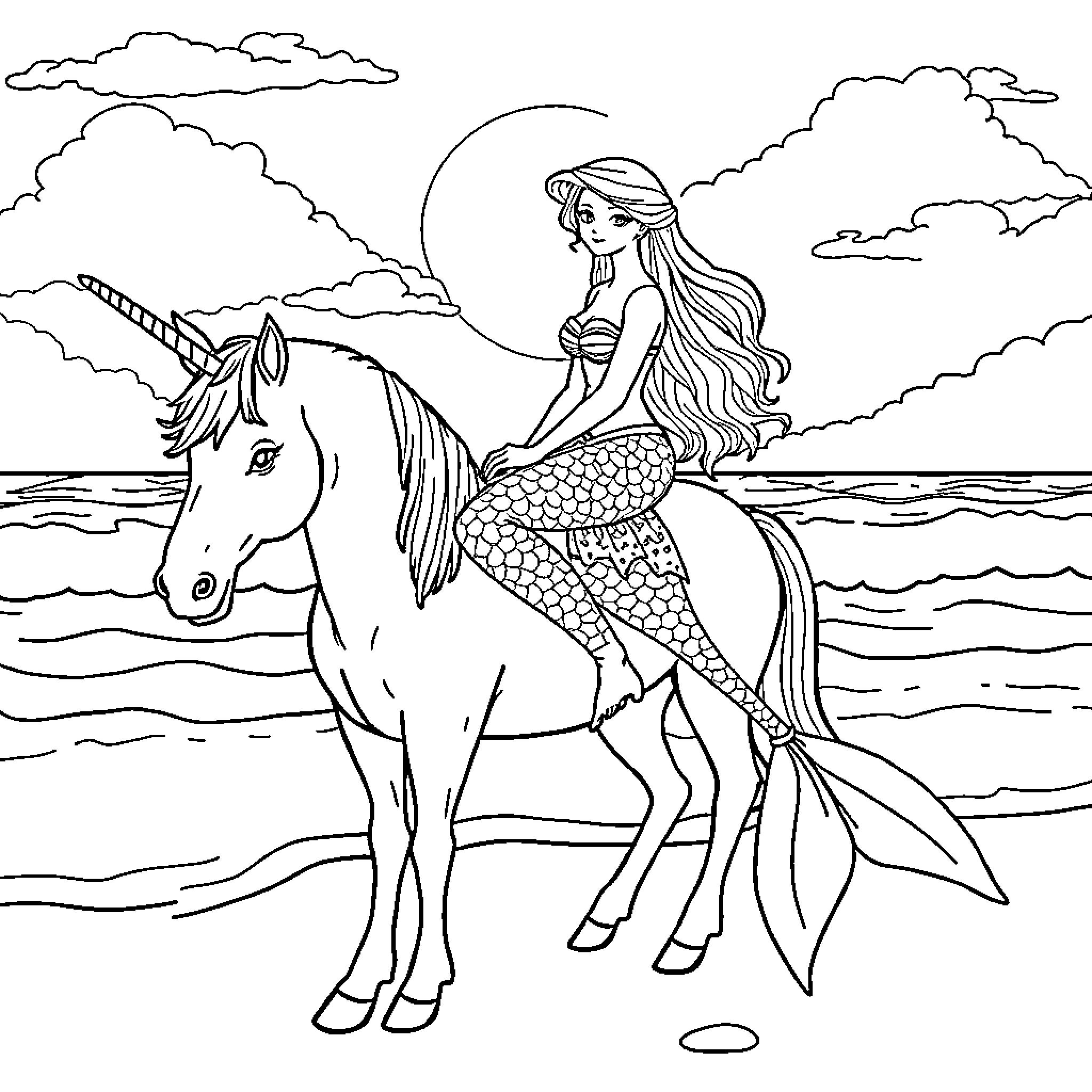 Mermaid riding a unicorn in the ocean Coloring Page (free black-and-white line drawing printable PDF for all, from beginners to advanced learners, including children, teens, adults, and seniors)