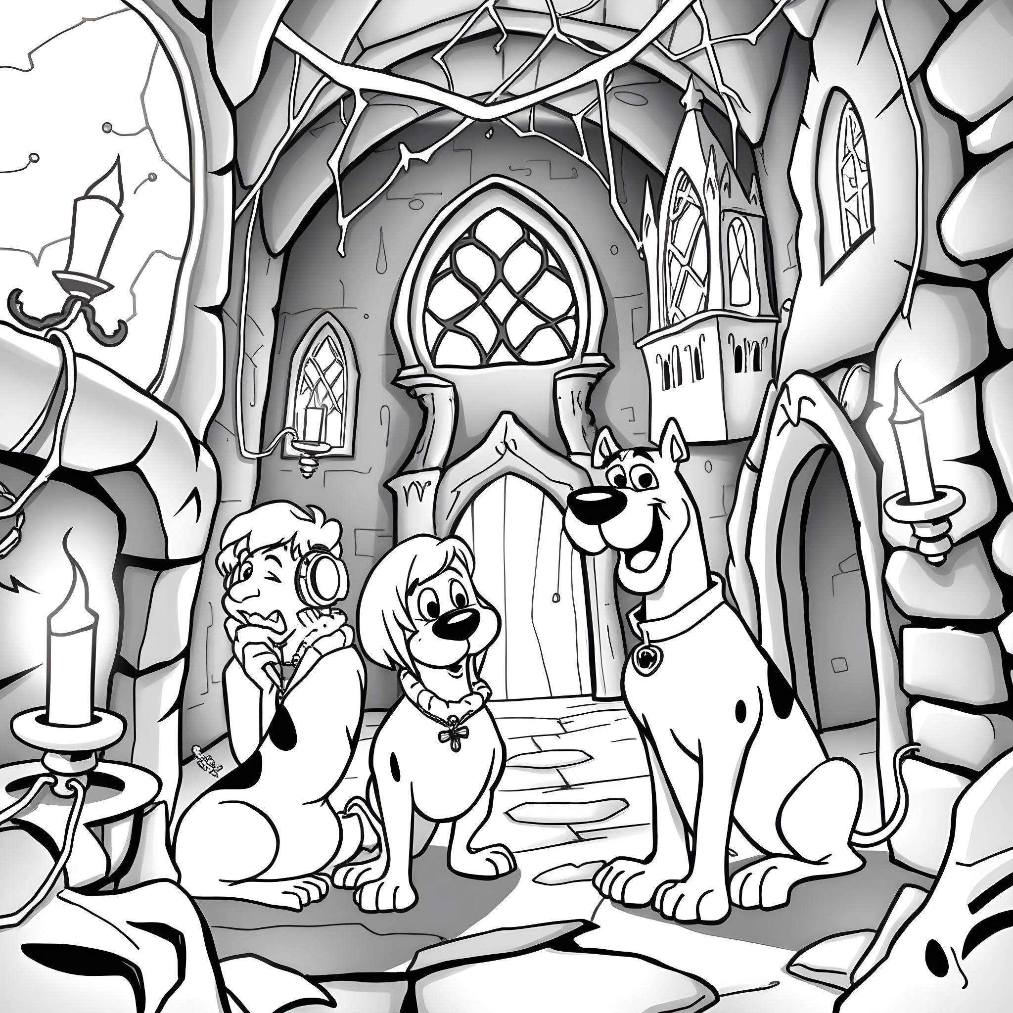 Scooby Doo and friends exploring a spooky castle Coloring Page (free black-and-white line drawing printable PDF for all, from beginners to advanced learners, including children, teens, adults, and seniors)