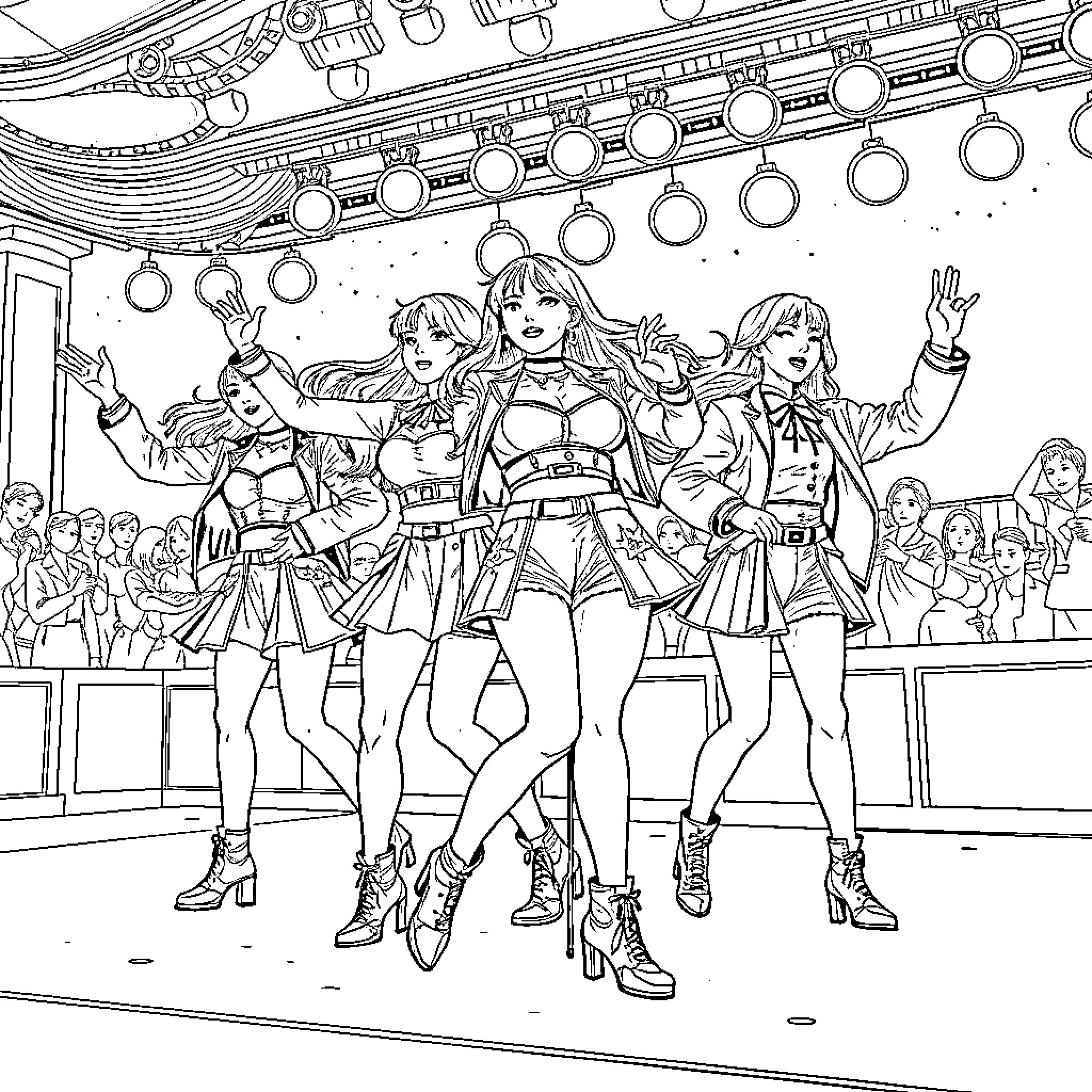 Guerrera: Fierce Performers on Stage Coloring Page (free black-and-white line drawing printable PDF for all, from beginners to advanced learners, including children, teens, adults, and seniors)
