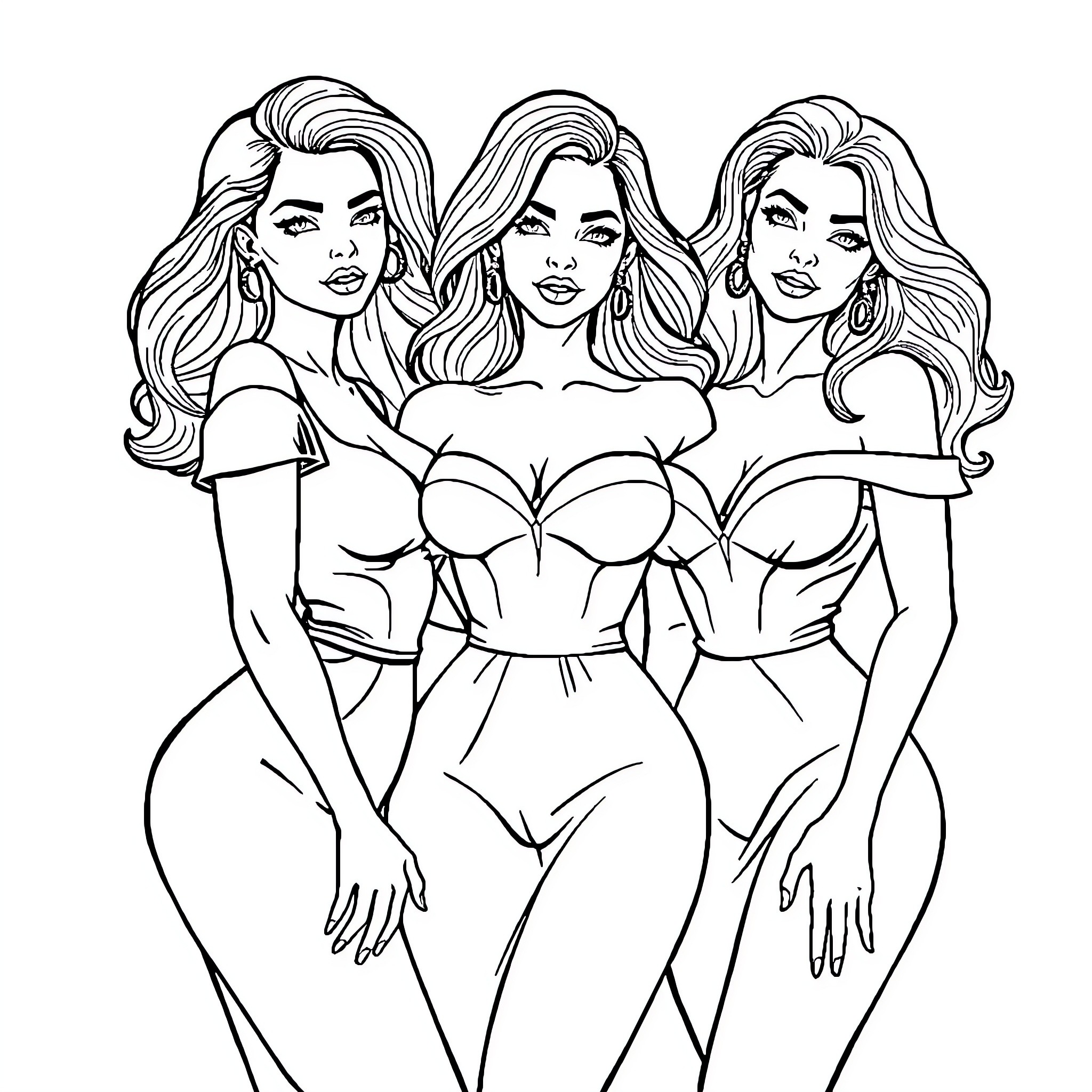 Women in stylish outfits posing confidently Coloring Page (free black-and-white line drawing printable PDF for all, from beginners to advanced learners, including children, teens, adults, and seniors)