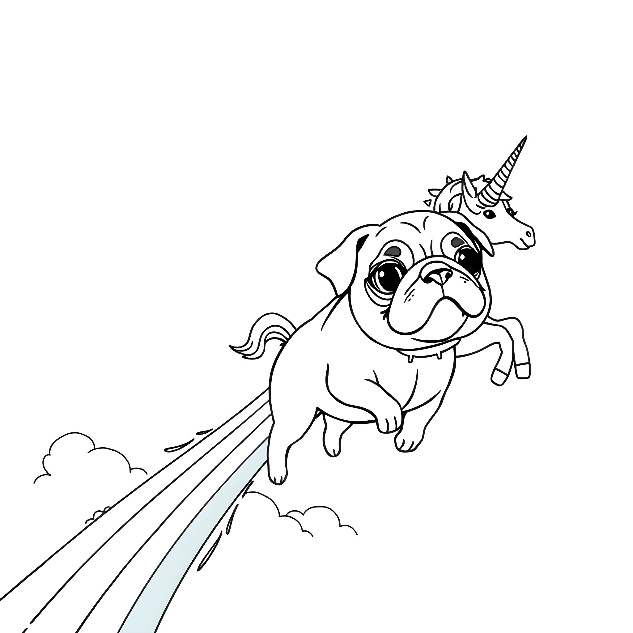 Pug wearing unicorn costume flying in the clouds Coloring Page (free black-and-white line drawing printable PDF for all, from beginners to advanced learners, including children, teens, adults, and seniors)