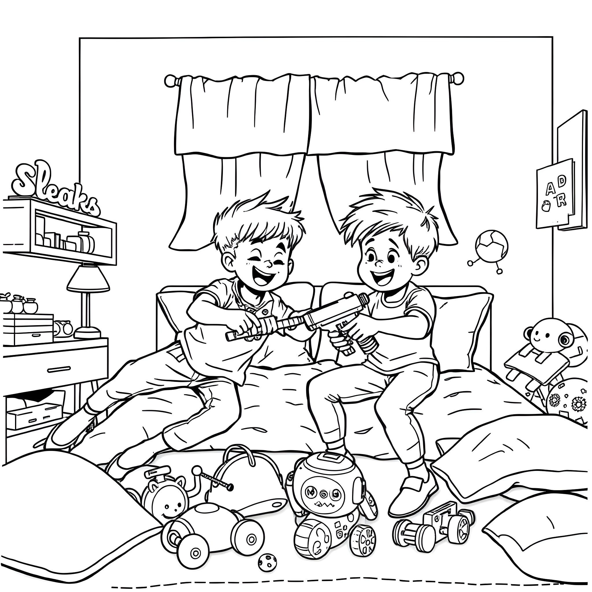 Brother's Fun Time with Toys at Home Coloring Page (free black-and-white line drawing printable PDF for all, from beginners to advanced learners, including children, teens, adults, and seniors)