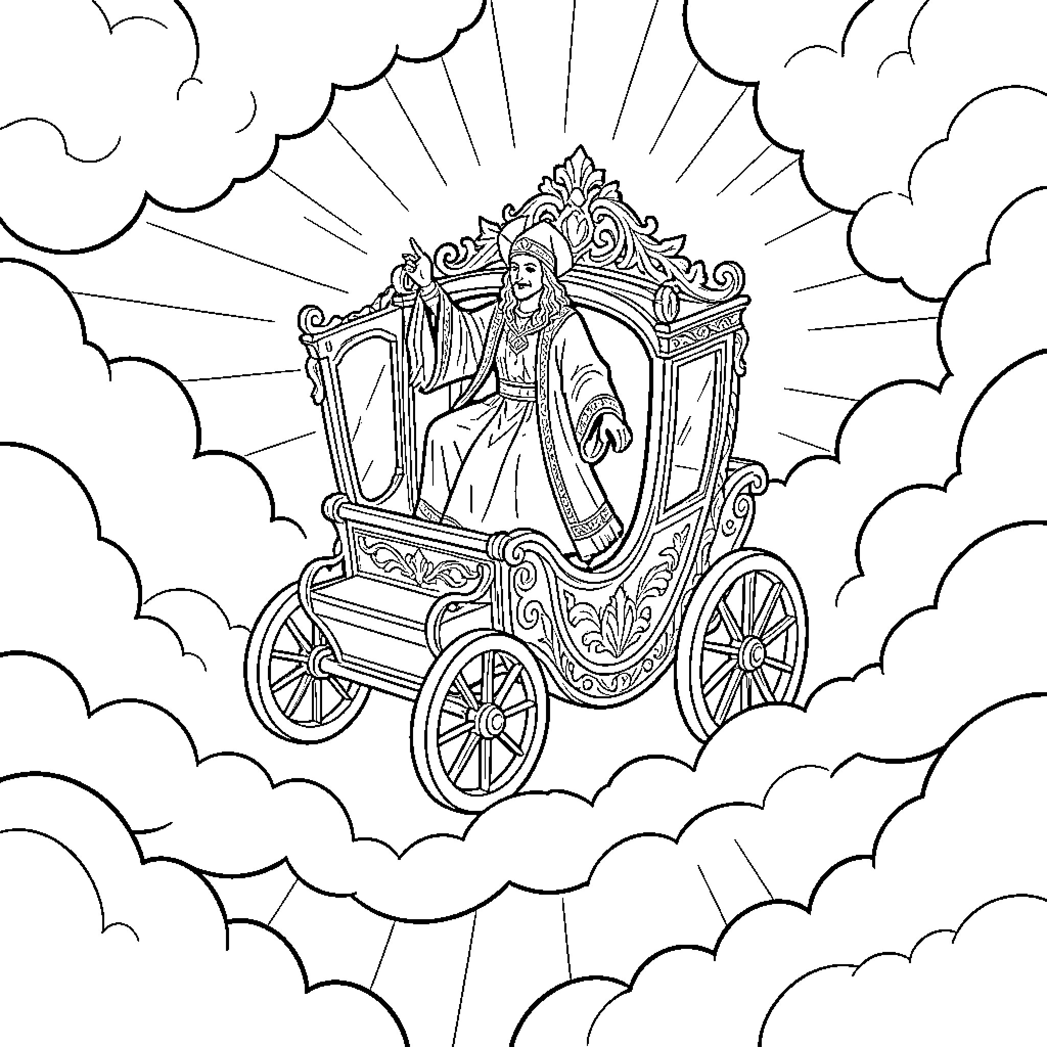 Mago riding an ornate carriage through the clouds Coloring Page (free black-and-white line drawing printable PDF for all, from beginners to advanced learners, including children, teens, adults, and seniors)