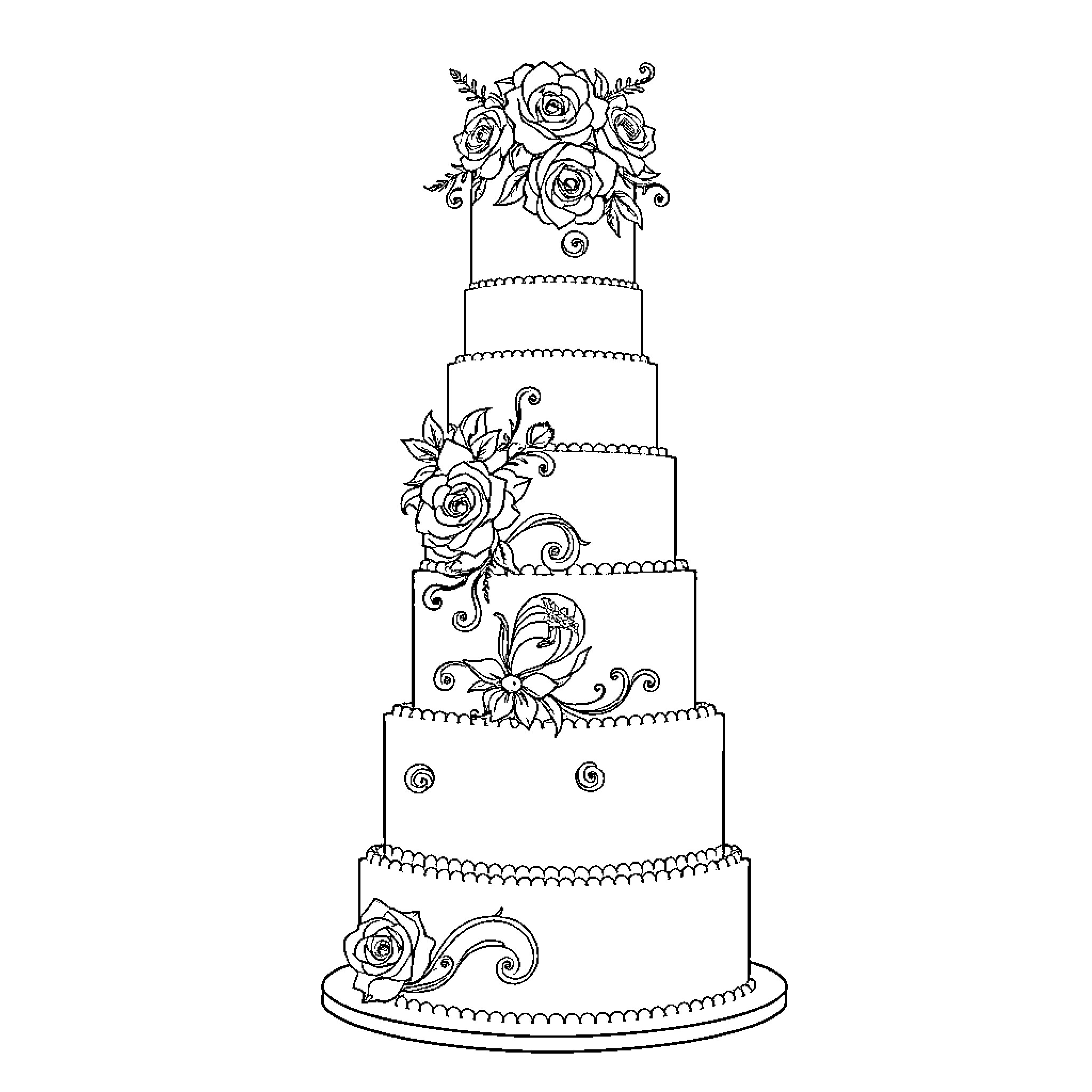 Wedding Cake Decorated with Elegant Floral Designs Coloring Page (free black-and-white line drawing printable PDF for all, from beginners to advanced learners, including children, teens, adults, and seniors)