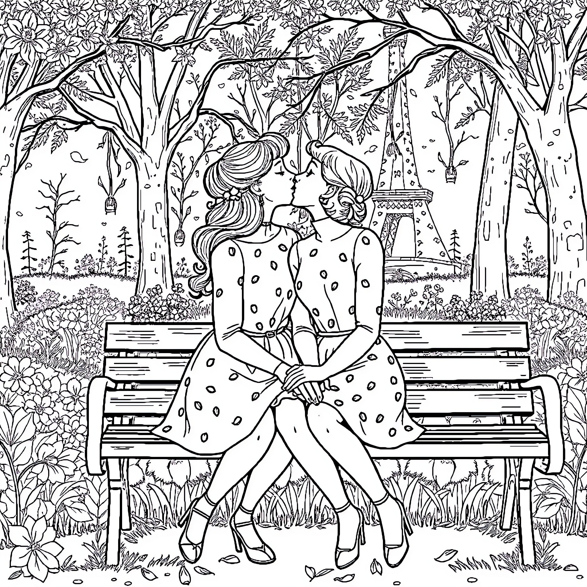 Villanelle's Romantic Embrace in the Enchanted Forest Coloring Page (free black-and-white line drawing printable PDF for all, from beginners to advanced learners, including children, teens, adults, and seniors)