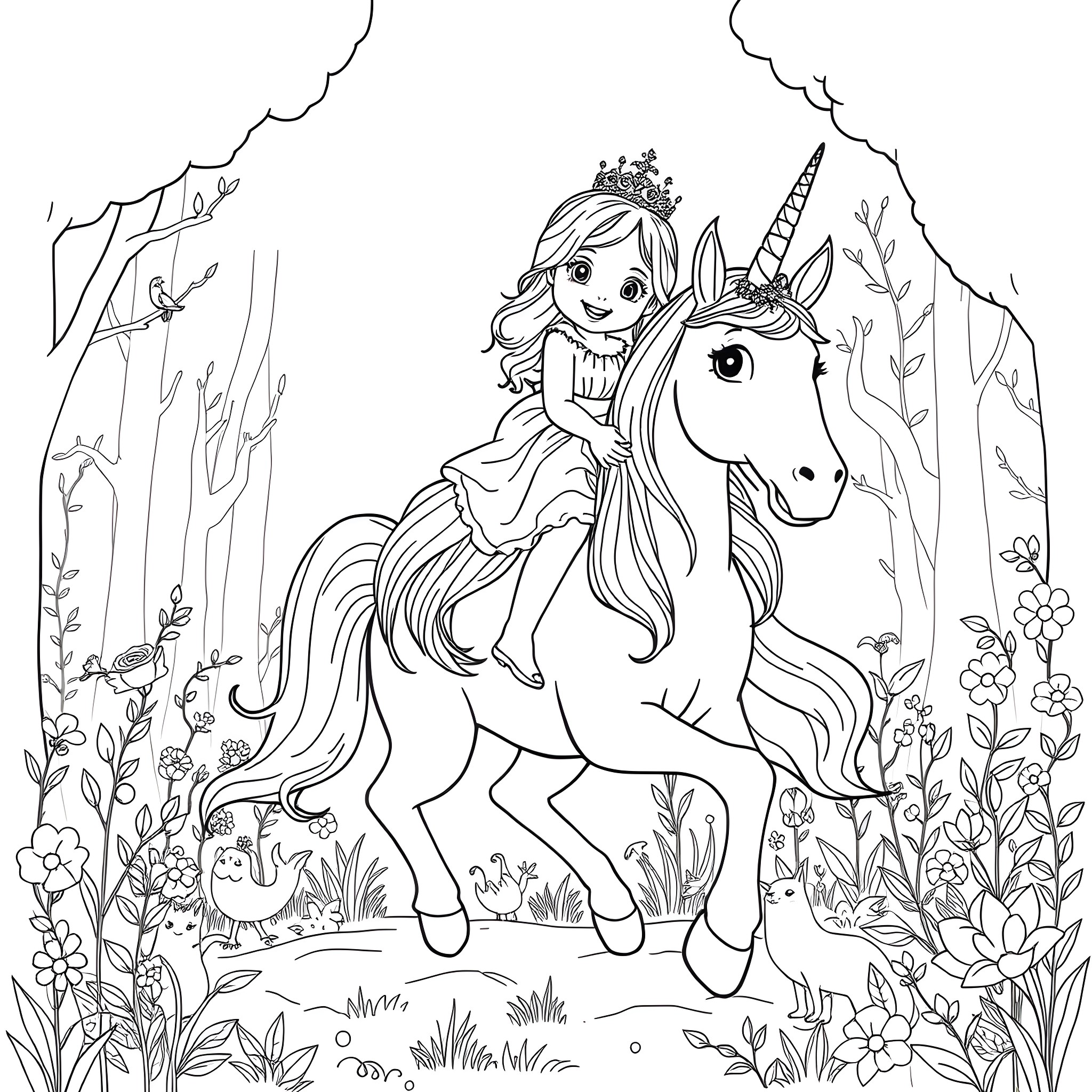 Girl riding majestic unicorn in enchanted forest Coloring Page (free black-and-white line drawing printable PDF for all, from beginners to advanced learners, including children, teens, adults, and seniors)