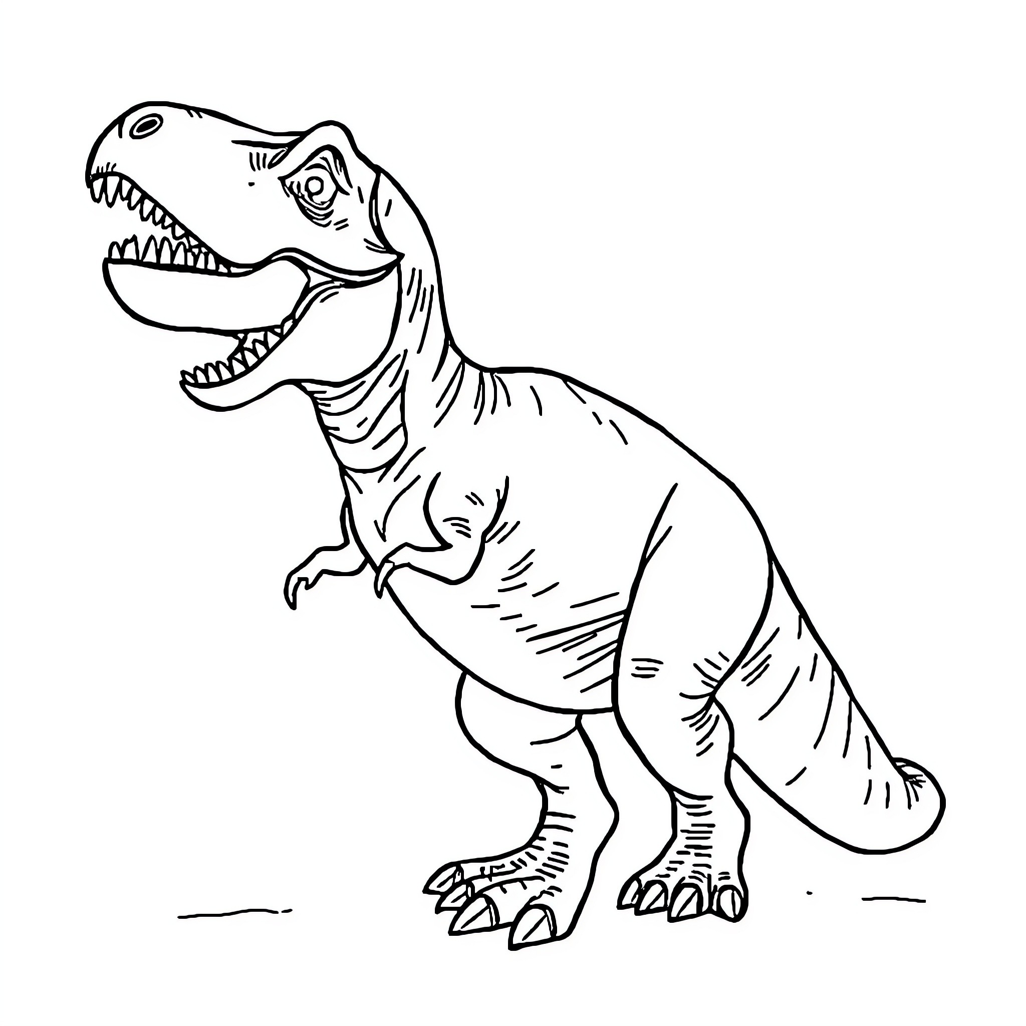 T-Rex roaring fiercely in black and white Coloring Page (free black-and-white line drawing printable PDF for all, from beginners to advanced learners, including children, teens, adults, and seniors)