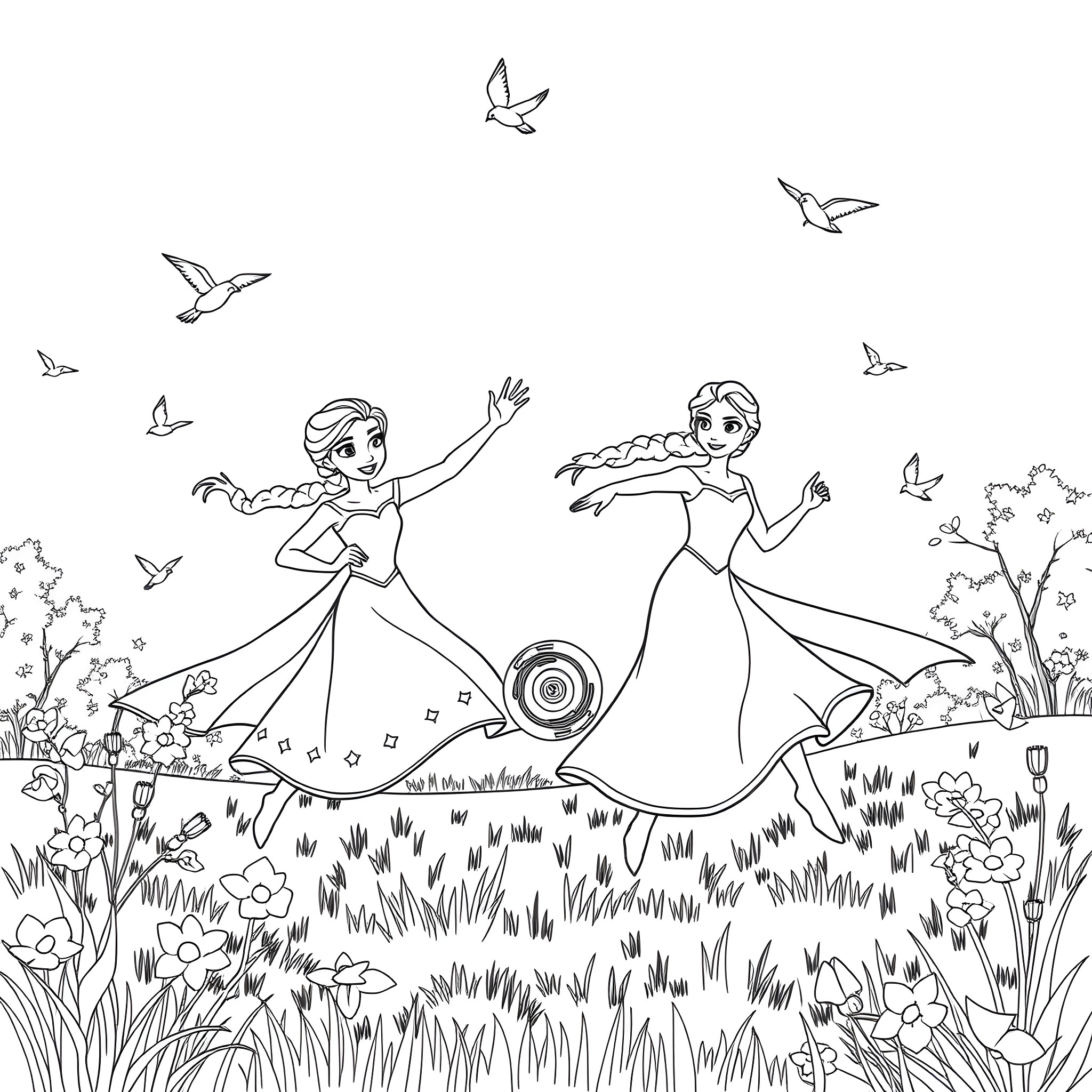Elsa and Anna dancing joyfully in a meadow with butterflies Coloring Page (free black-and-white line drawing printable PDF for all, from beginners to advanced learners, including children, teens, adults, and seniors)