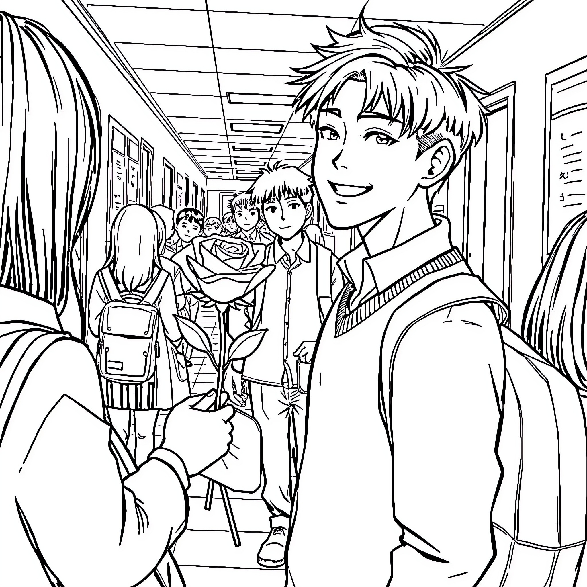 Guy smiling happily while holding flowers in school hallway Coloring Page (free black-and-white line drawing printable PDF for all, from beginners to advanced learners, including children, teens, adults, and seniors)