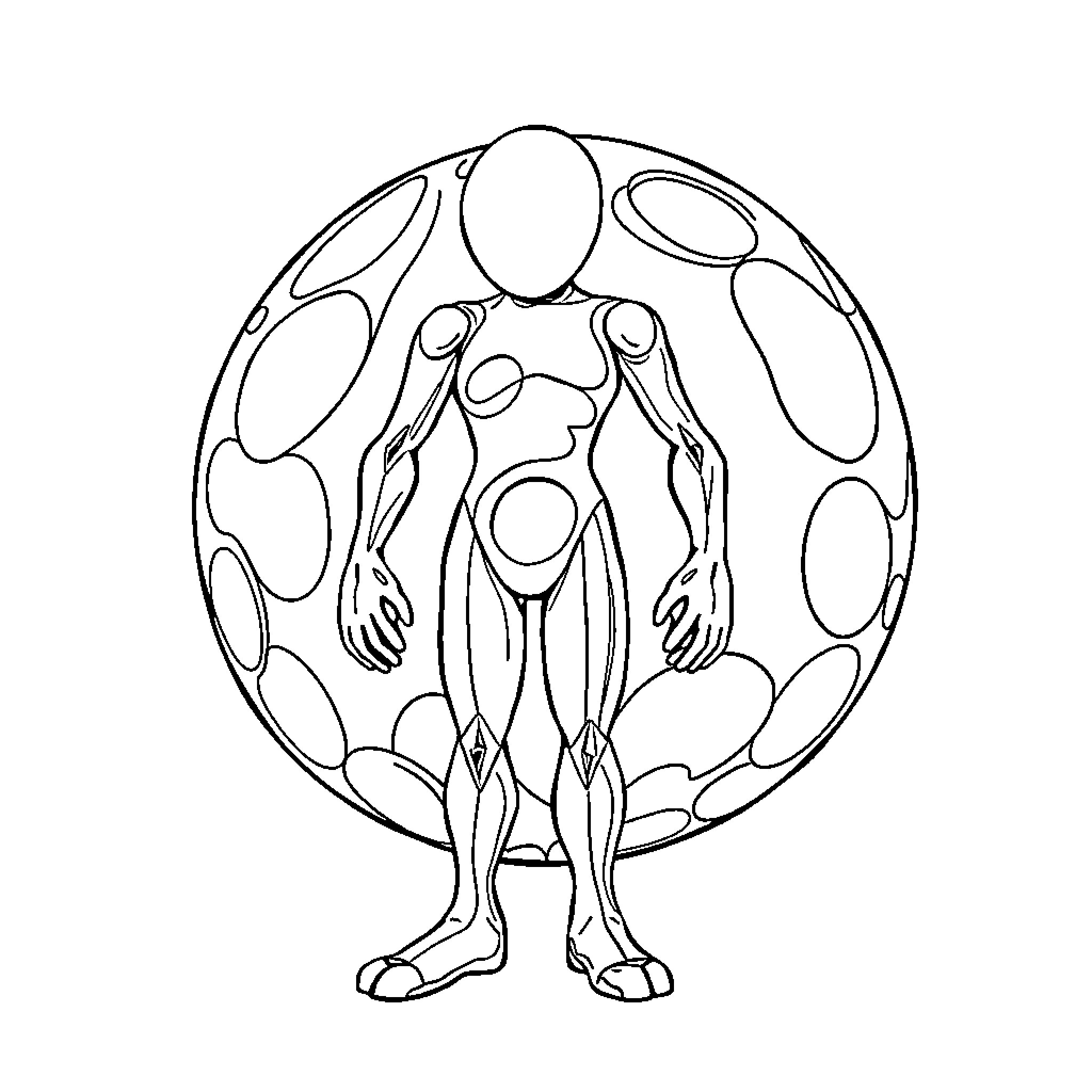 Ball-shaped figure with human silhouette Coloring Page (free black-and-white line drawing printable PDF for all, from beginners to advanced learners, including children, teens, adults, and seniors)