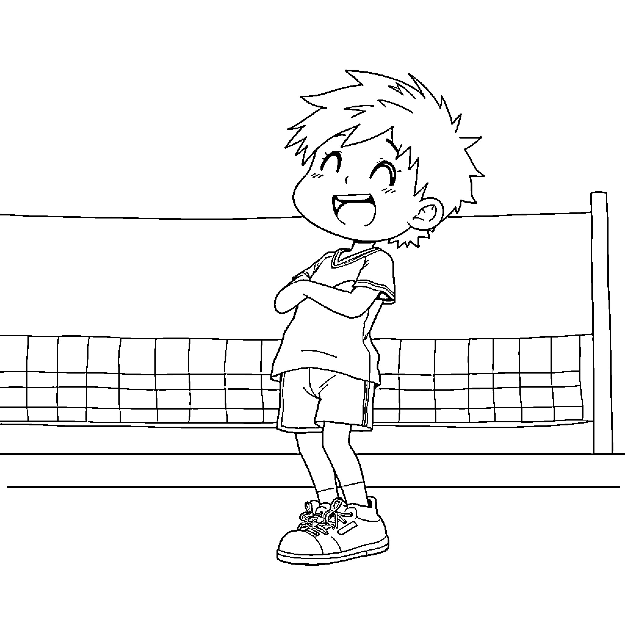 Hinata Shoyo playing volleyball on the court Coloring Page (free black-and-white line drawing printable PDF for all, from beginners to advanced learners, including children, teens, adults, and seniors)