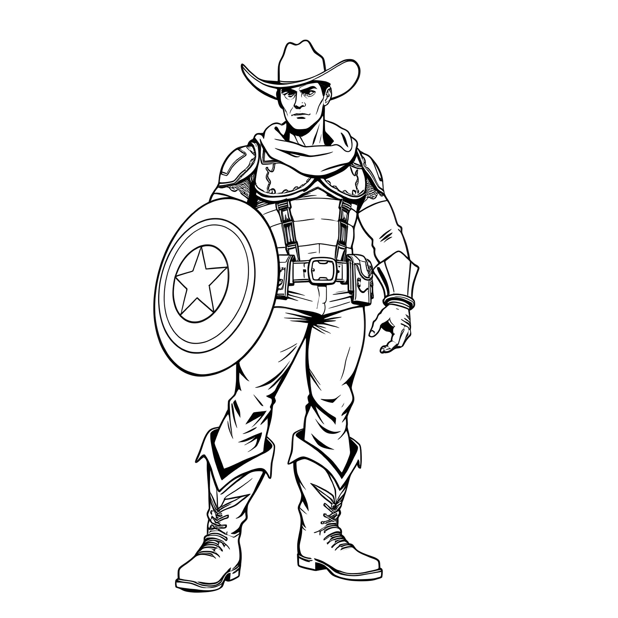 Captain America as a Cowboy with Shield Coloring Page (free black-and-white line drawing printable PDF for all, from beginners to advanced learners, including children, teens, adults, and seniors)