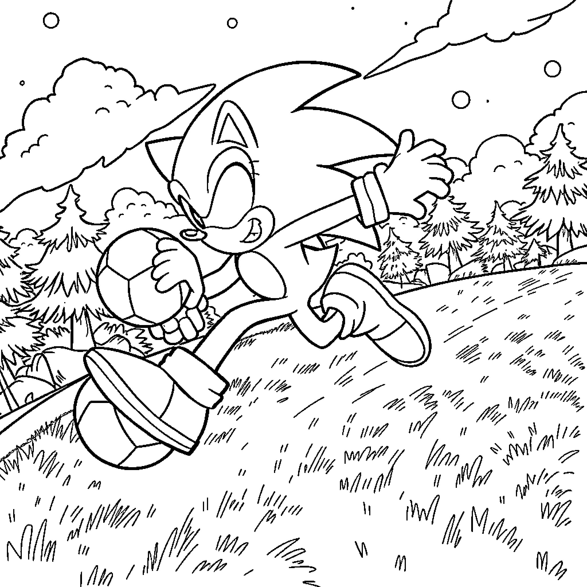 Sonic running through a forest landscape Coloring Page (free black-and-white line drawing printable PDF for all, from beginners to advanced learners, including children, teens, adults, and seniors)