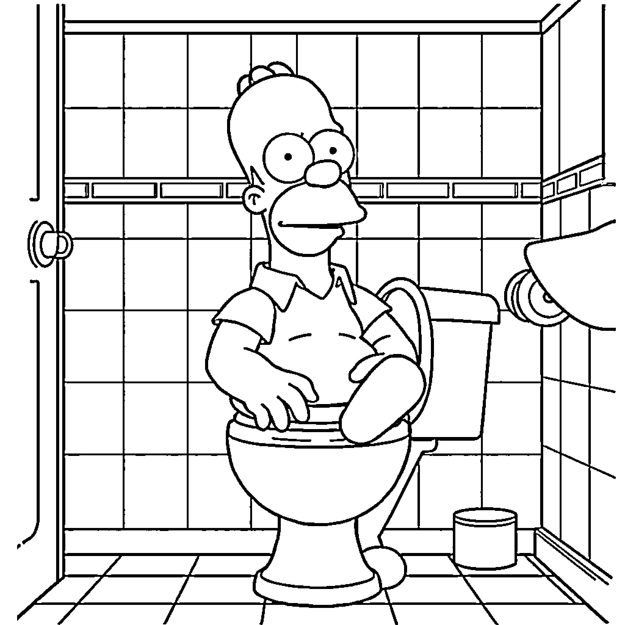 Homer Simpson sitting on the toilet with a puzzled expression Coloring Page (free black-and-white line drawing printable PDF for all, from beginners to advanced learners, including children, teens, adults, and seniors)