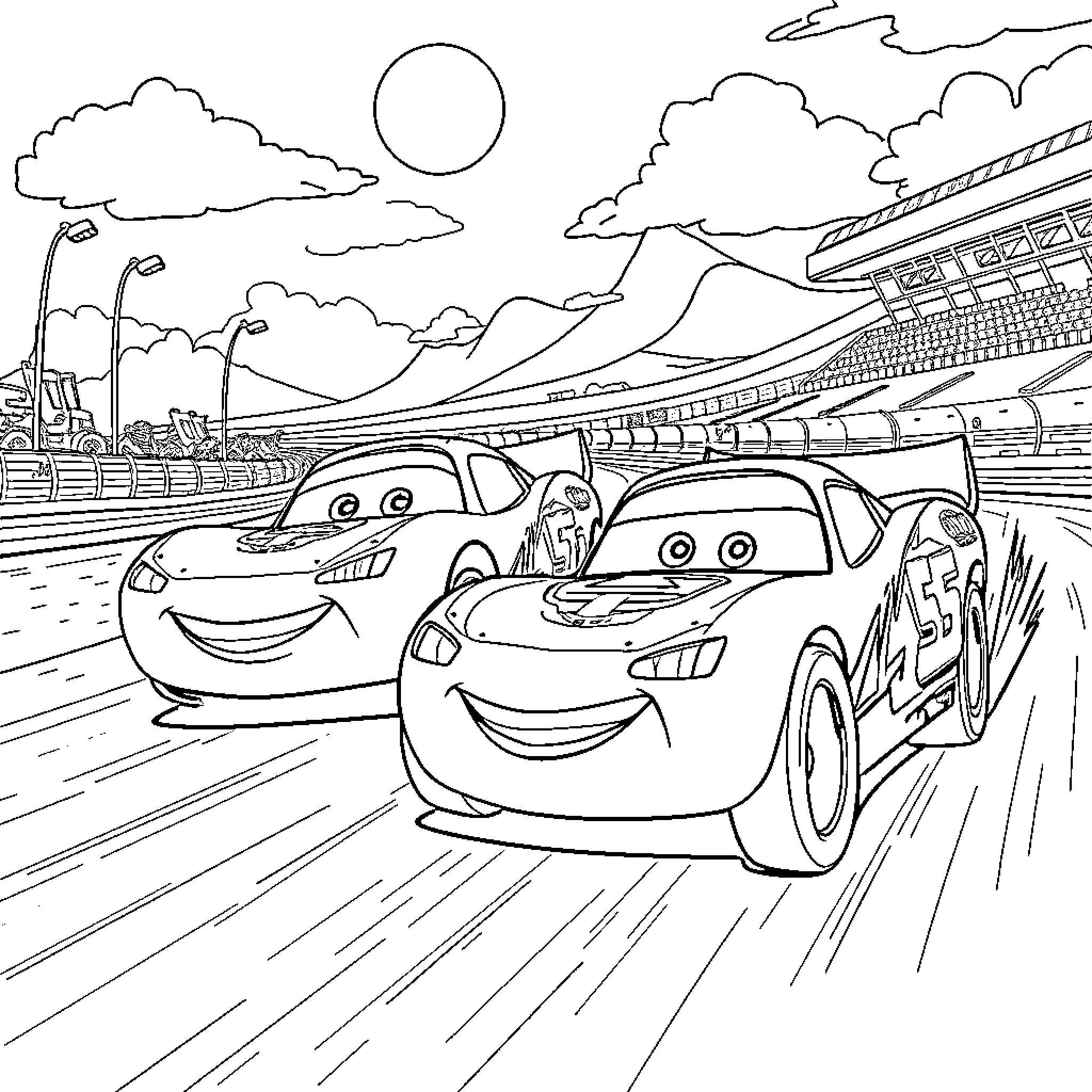 Flash Mac Cars Racing on the Track Coloring Page (free black-and-white line drawing printable PDF for all, from beginners to advanced learners, including children, teens, adults, and seniors)
