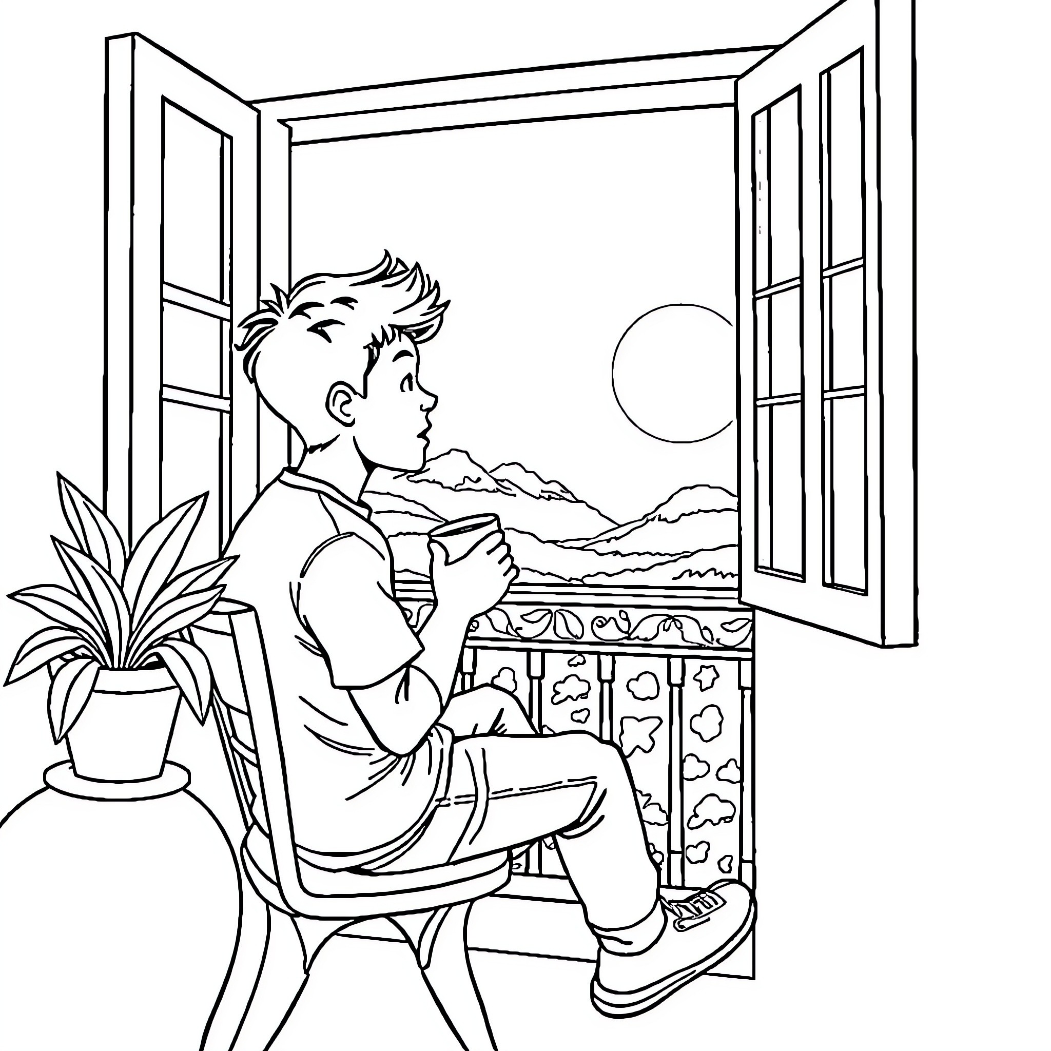 Boy gazing out the window at the scenic view Coloring Page (free black-and-white line drawing printable PDF for all, from beginners to advanced learners, including children, teens, adults, and seniors)