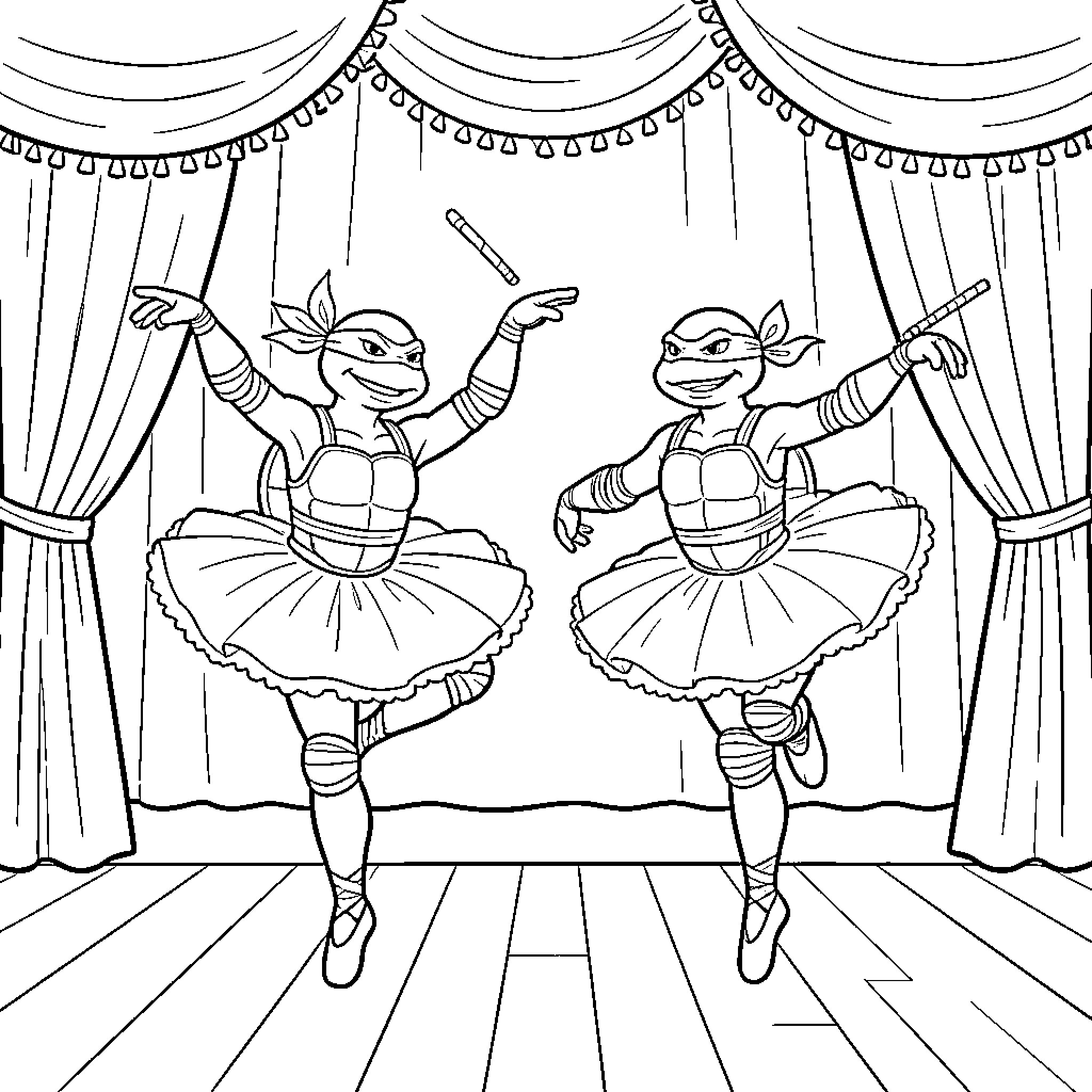 Ninja Turtles performing on stage in ballet costumes Coloring Page (free black-and-white line drawing printable PDF for all, from beginners to advanced learners, including children, teens, adults, and seniors)
