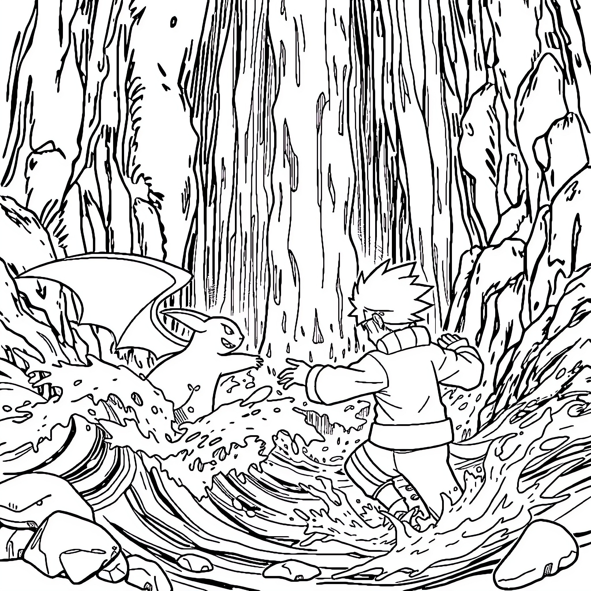 Pokémon Trainer Battling Fierce Water Creature Coloring Page (free black-and-white line drawing printable PDF for all, from beginners to advanced learners, including children, teens, adults, and seniors)