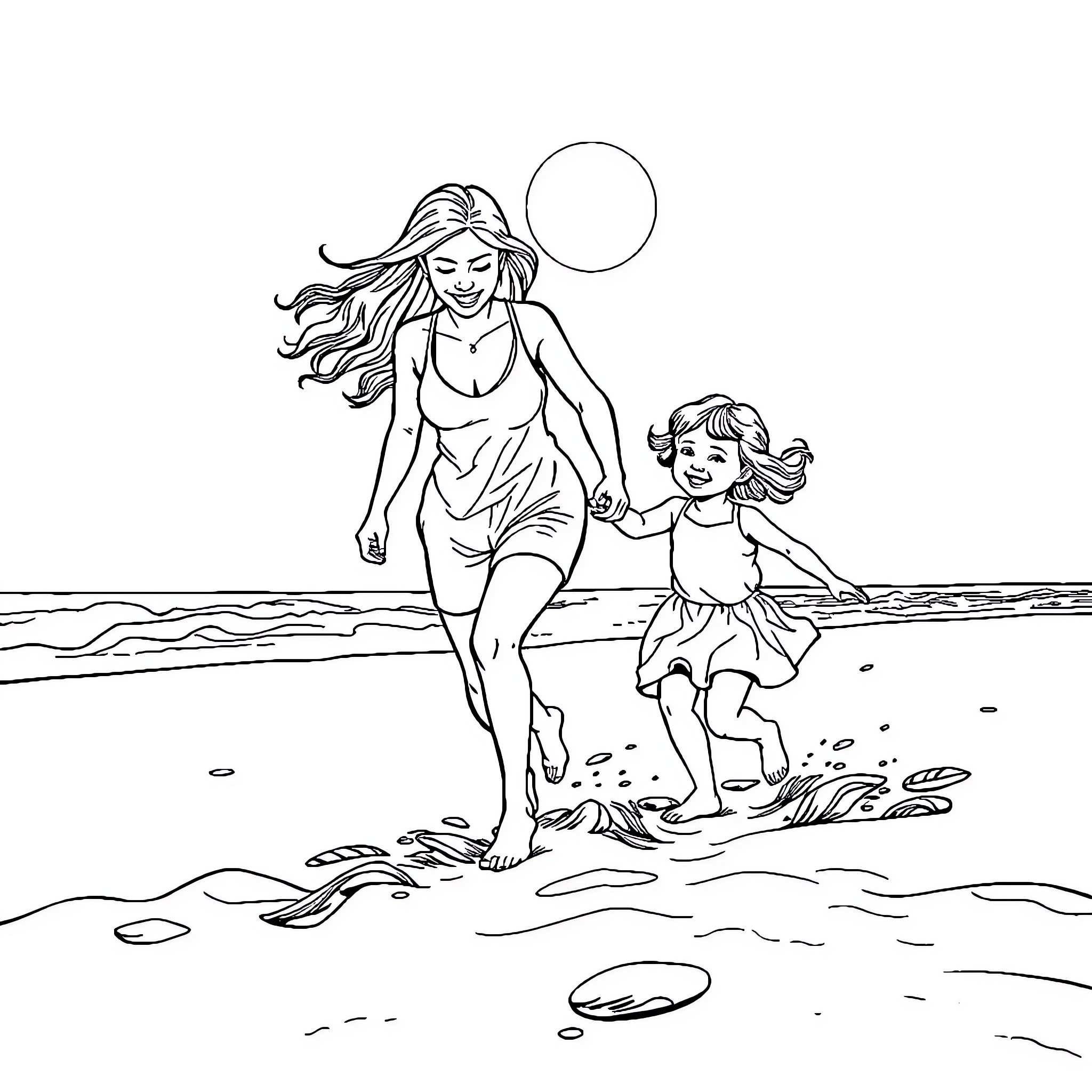 Mom and daughter playing joyfully on the beach Coloring Page (free black-and-white line drawing printable PDF for all, from beginners to advanced learners, including children, teens, adults, and seniors)